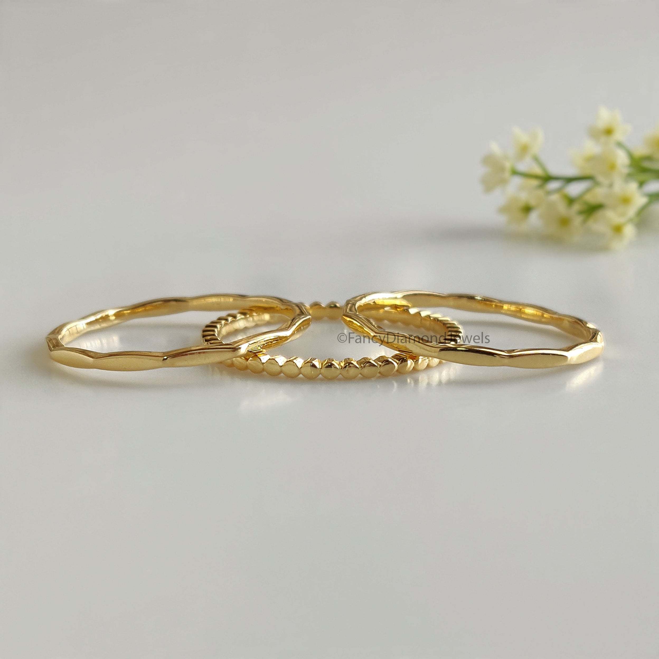 Handmade Filled Stackable 5 Rings Set Simple Wedding Band Yellow Gold Unique Wedding Band Minimal Dainty Stacking Band Gift For Her FD540