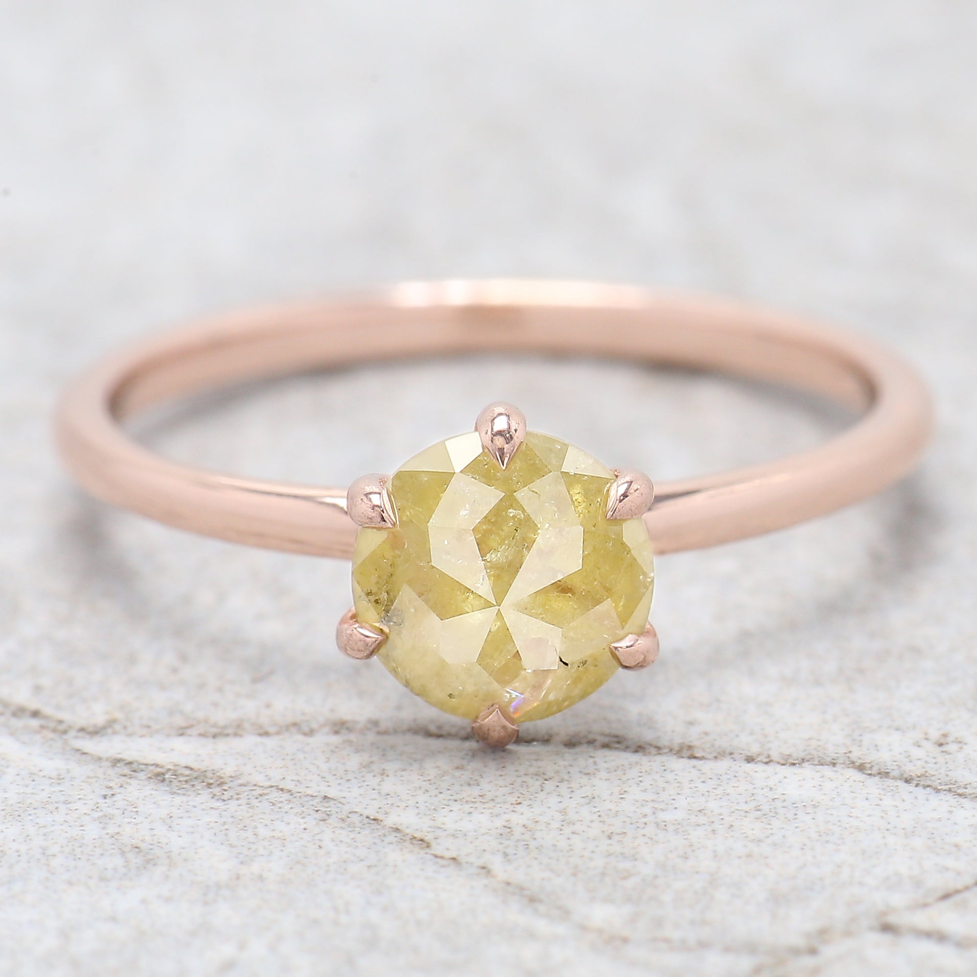 Round Rose Cut Yellow Color Diamond Ring 1.07 Ct 6.41 MM Round Shape Diamond Ring 14K Rose Gold Silver Engagement Ring Gift For Her QK2496