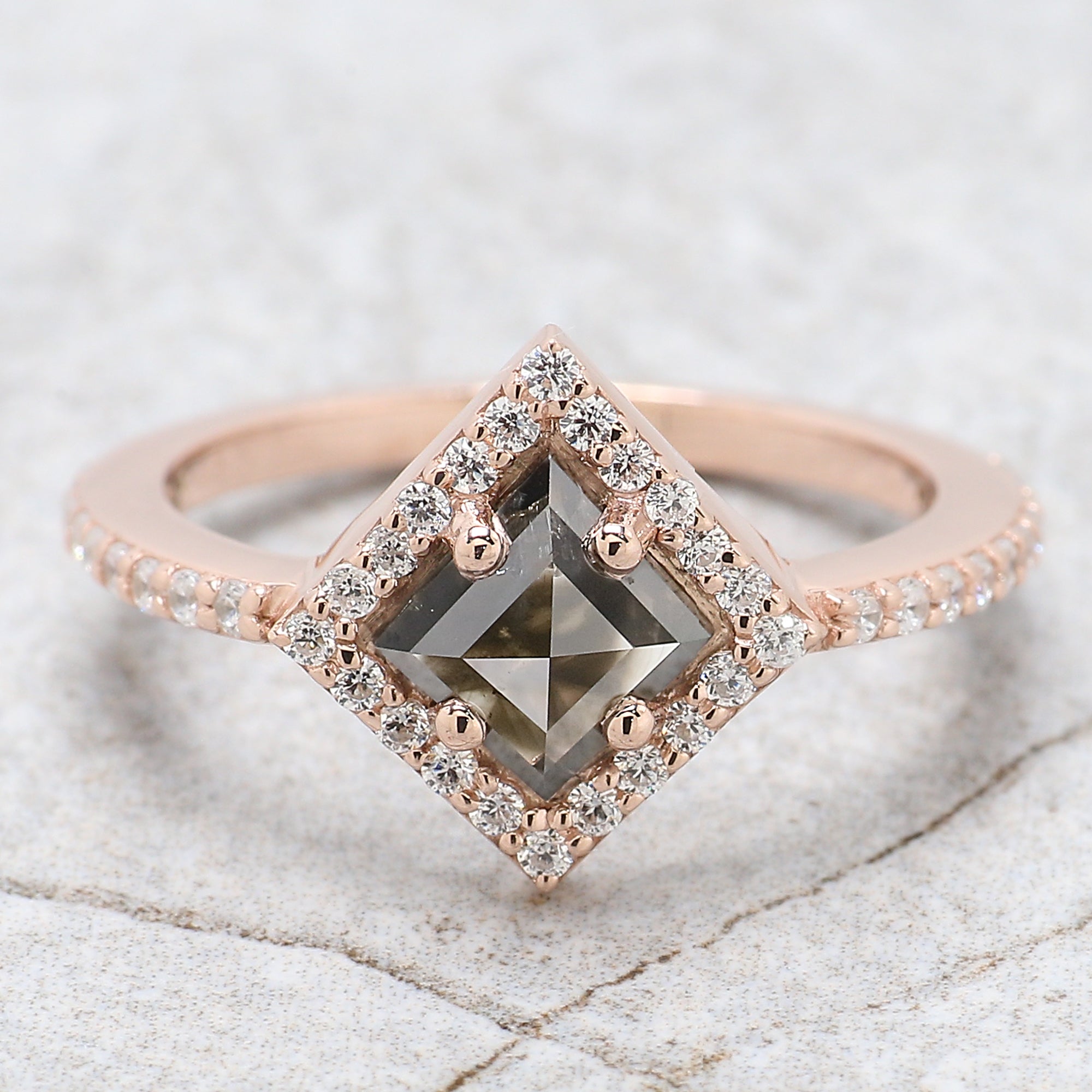 Kite Cut Salt And Pepper Diamond Ring 1.07 Ct 7.55 MM Kite Diamond Ring 14K Solid Rose Gold Silver Kite Engagement Ring Gift For Her QN9625