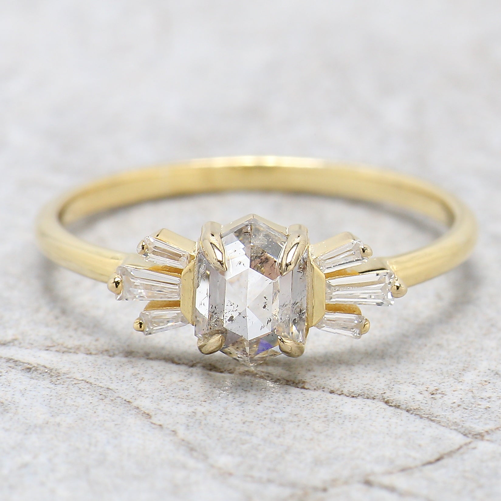 Hexagon Cut Salt And Pepper Diamond Ring 0.84 Ct 6.20 MM Hexagon Diamond Ring 14K Yellow Gold Silver Engagement Ring Gift For Her QL2687