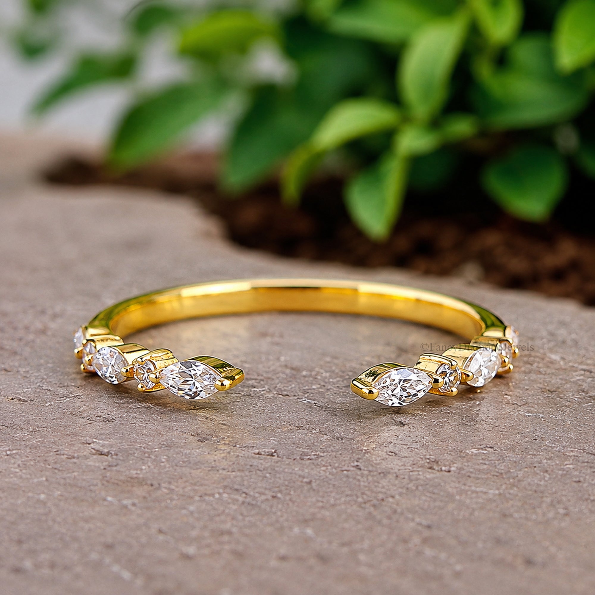Open Gap Wedding Band Marquise and Round Moissanite Engagement Band, Half Eternity Band, Stackable Matching Minimalist Rings For Women FD603