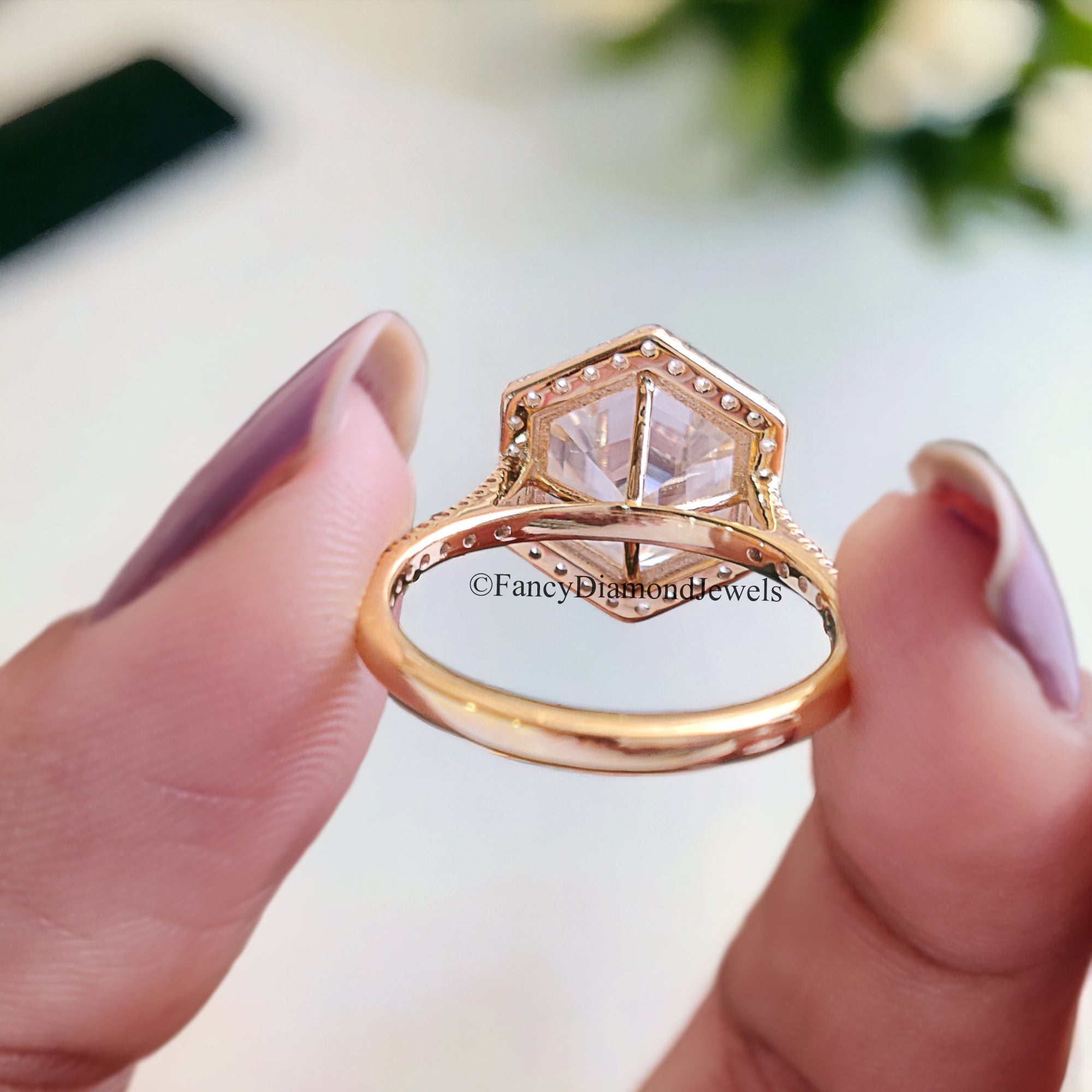 3.10 CT Hexagon And Round Cut Colorless Moissanite Halo Engagement Ring Prong Set Wedding Ring Cathedral Ring Anniversary Gift Ring FD101