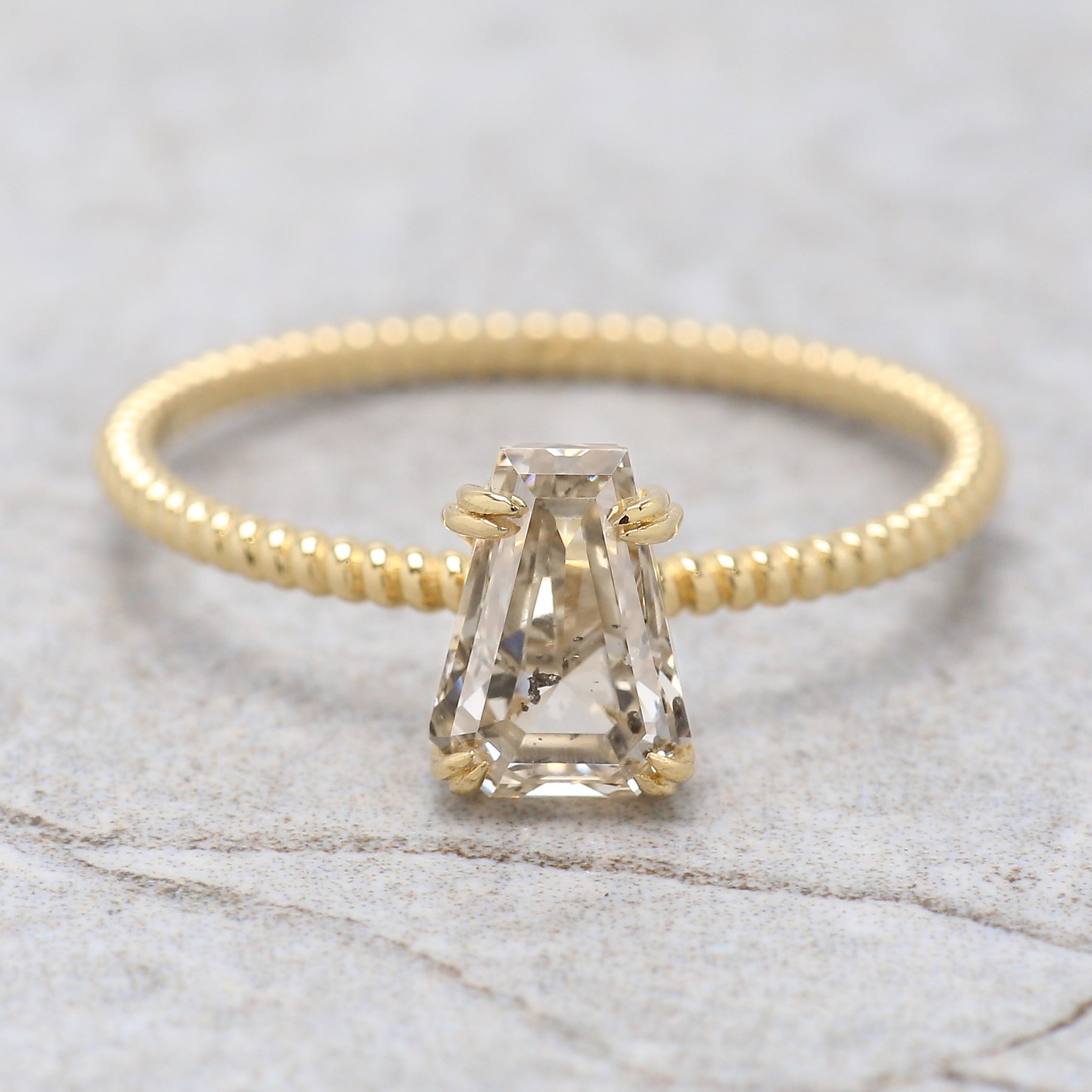 Coffin Shape White-I Color Diamond Ring 1.02 Ct 7.07 MM Coffin Diamond Engagement Ring 14K Yellow Gold Ring Unique Rope Band Ring KDL2659