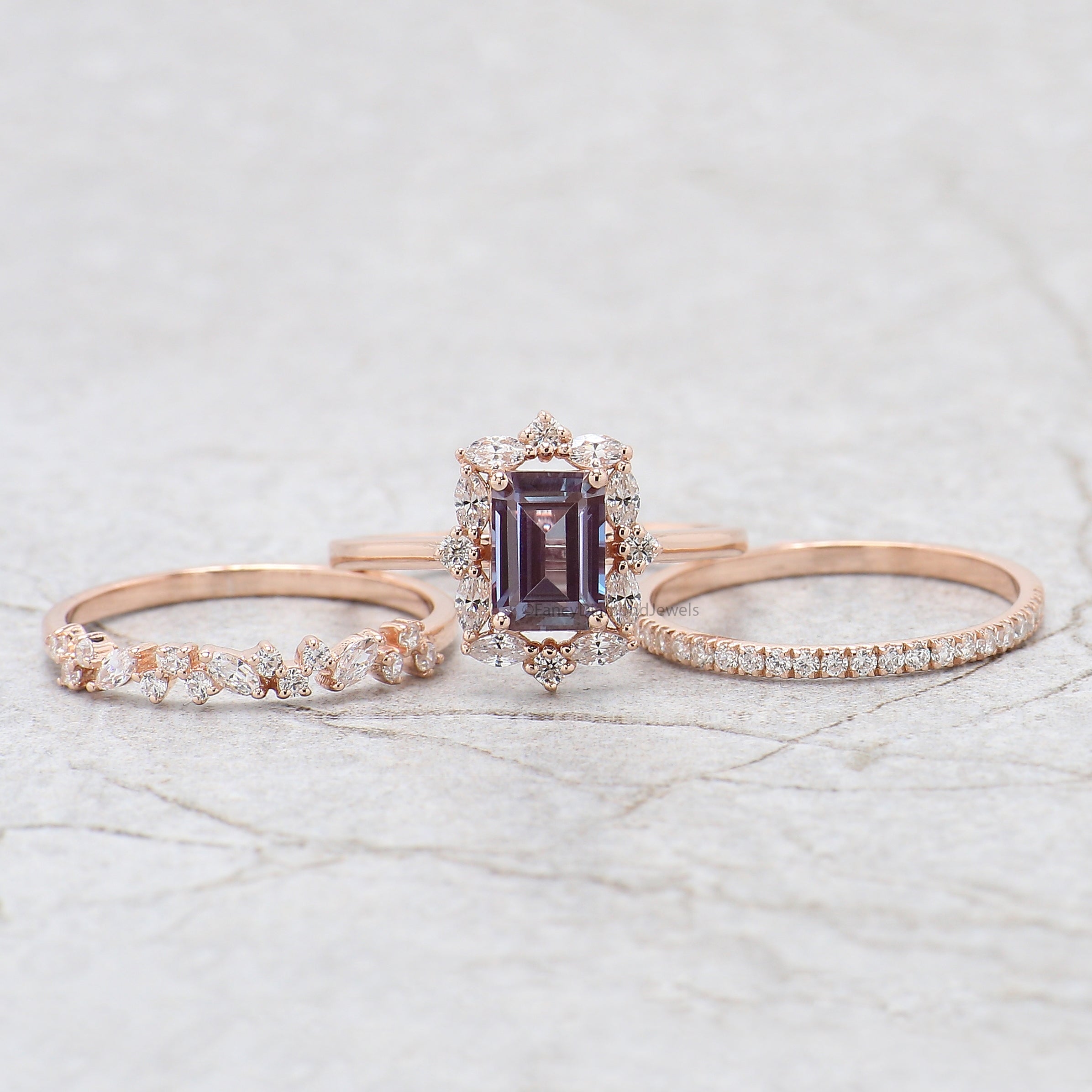 1.45 CT Emerald Cut Lab Alexandrite Engagement Ring Set Unique art deco Marquise halo Starburst Ring Round wedding ring Gift For Her FD417