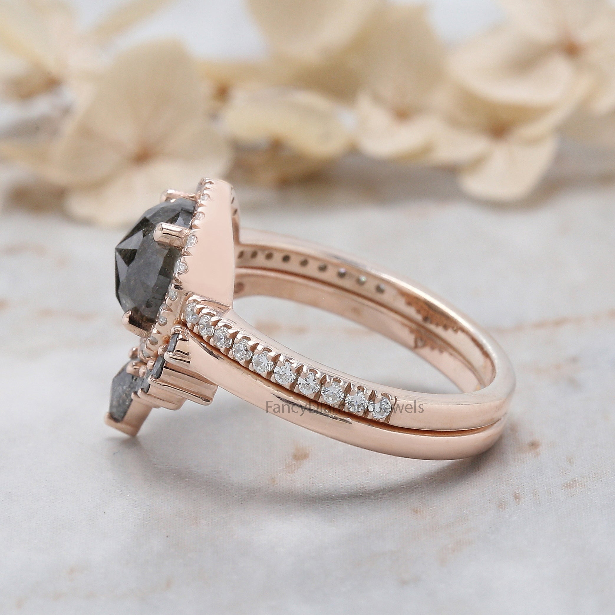 Round Rose Cut Salt And Pepper Diamond Ring 1.69 Ct 7.36 MM Round Diamond Ring 14K Rose Gold Silver Engagement Ring Gift For Her QL1949