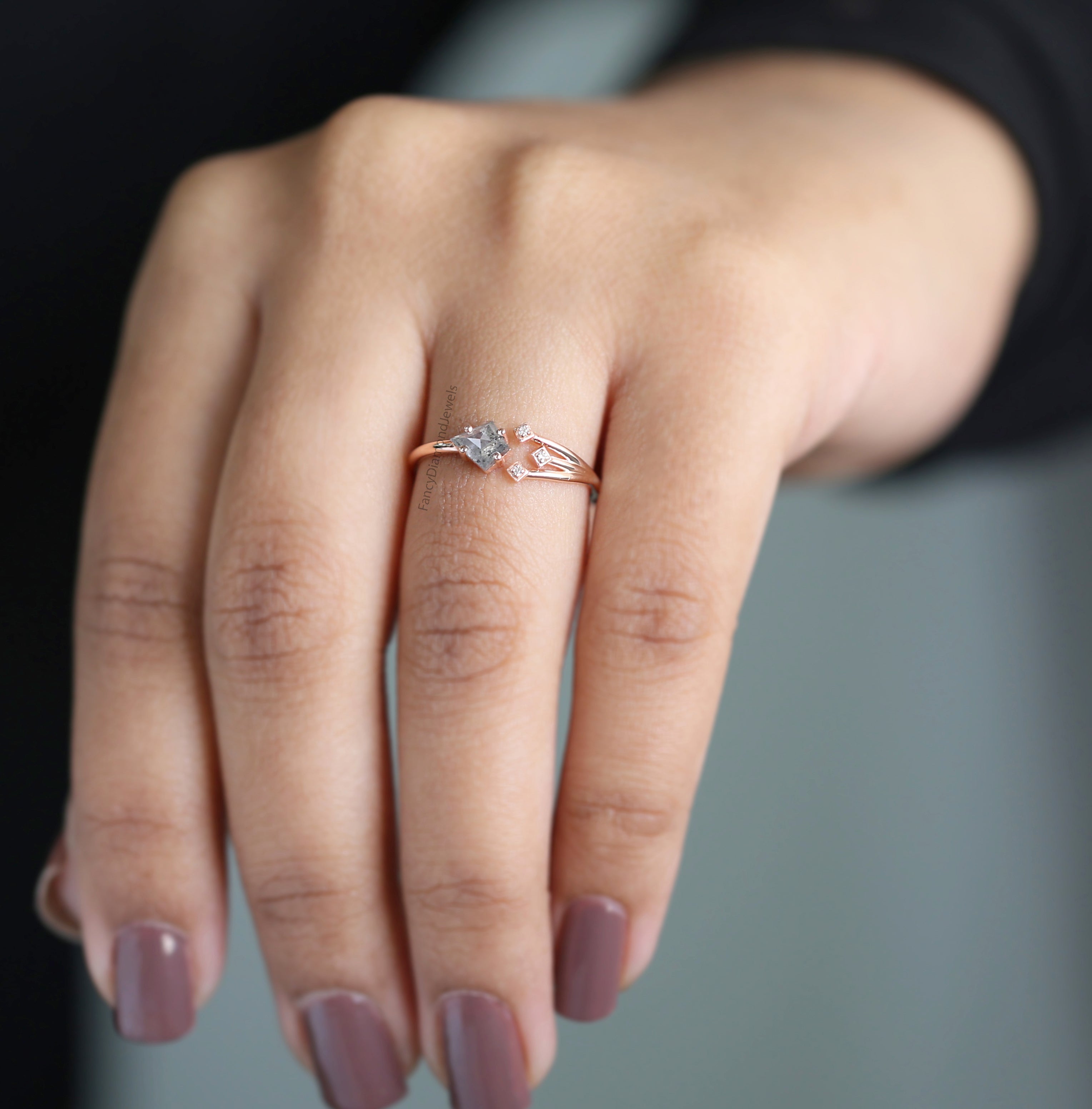 Kite Cut Salt And Pepper Diamond Ring 0.42 Ct 5.85 MM Kite Diamond Ring 14K Solid Rose Gold Silver Kite Engagement Ring Gift For Her QL3122