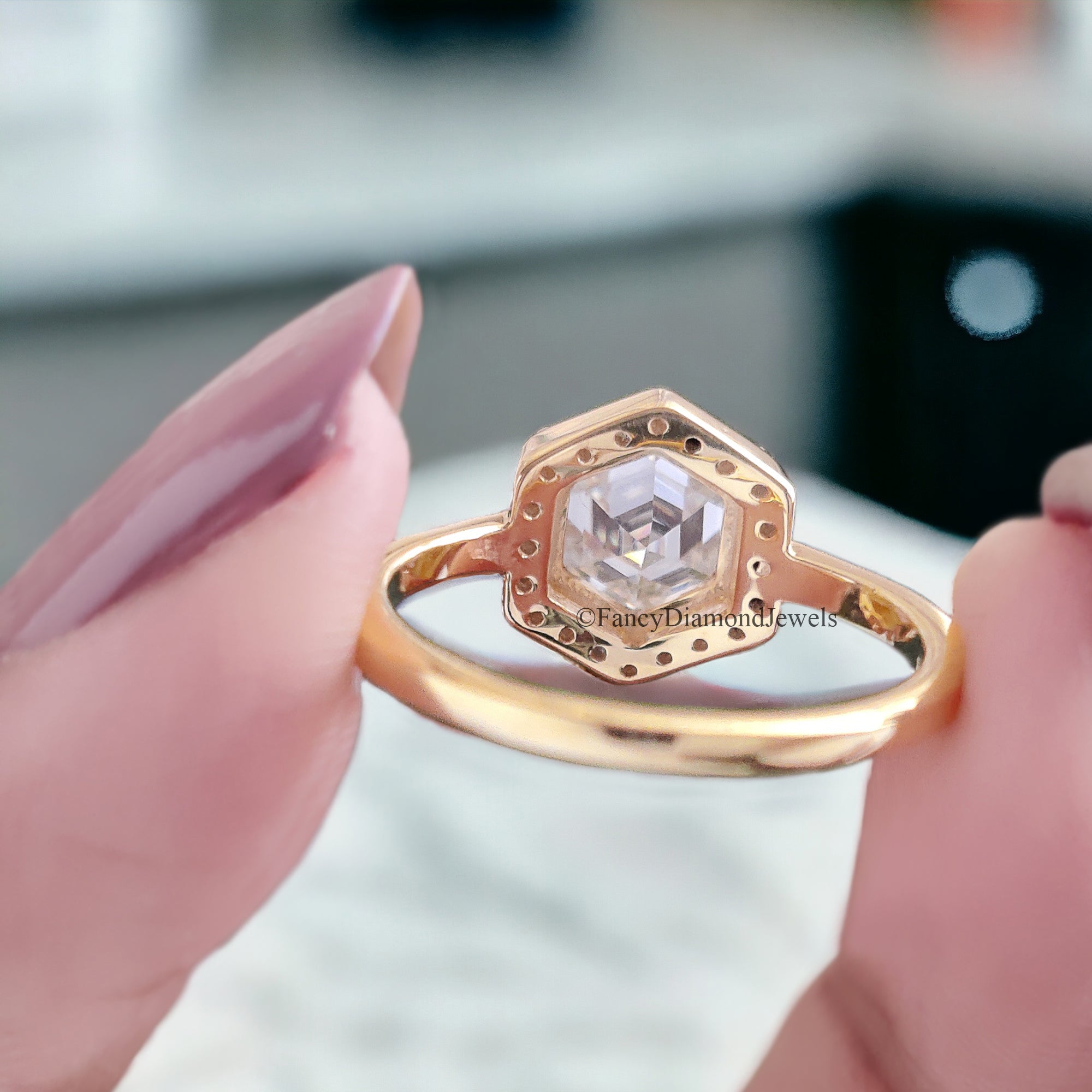 1.00 CT Hexagon And Round Cut Colorless Moissanite Halo Engagement Ring Prong Set Wedding Ring Cathedral Ring Anniversary Gift Ring FD84
