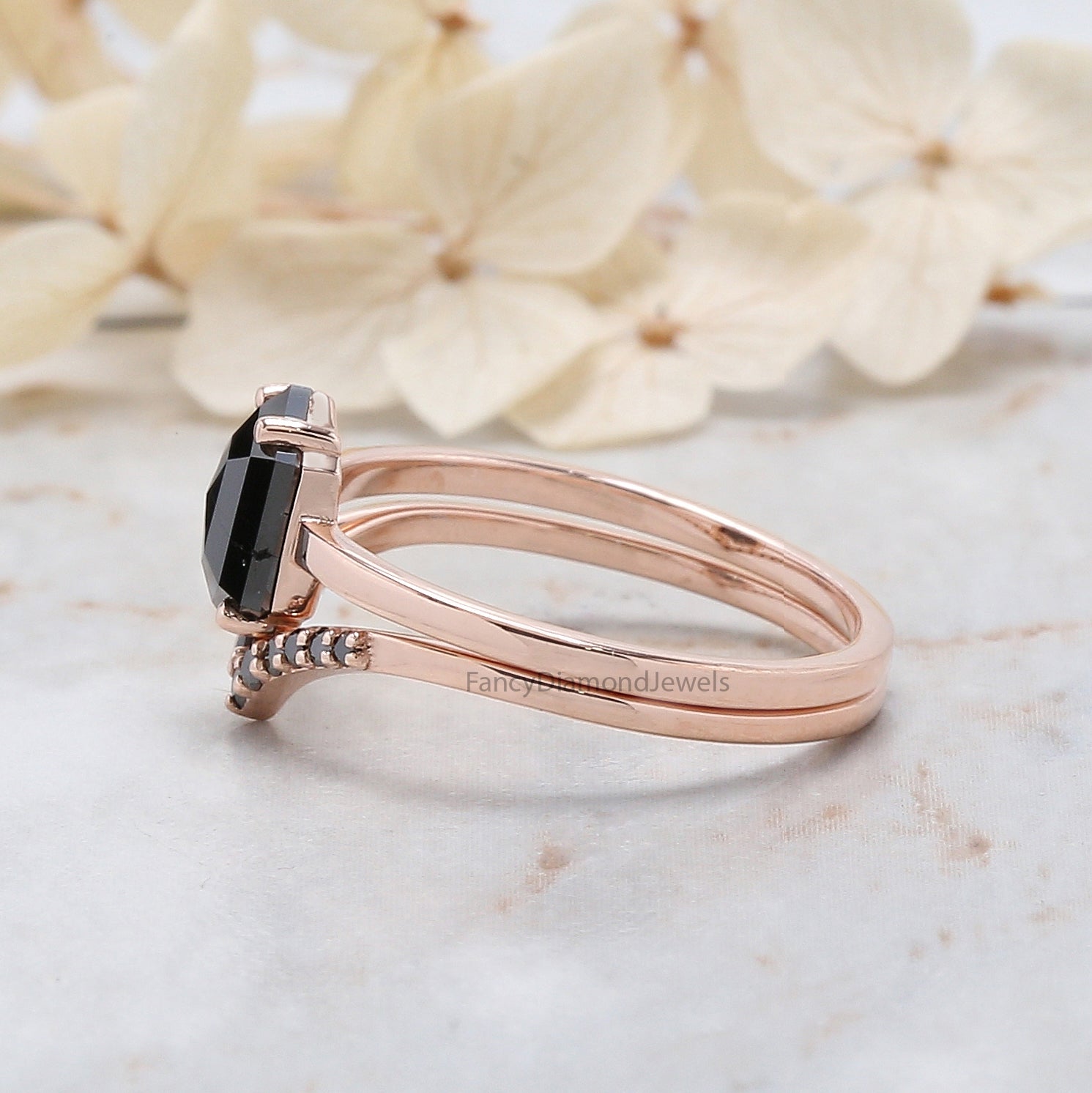 1.13 Ct Natural Hexagon Shape Black Color Diamond Ring 7.90 MM Hexagon Diamond Ring 14K Solid Rose Gold Silver Engagement Ring QL9082