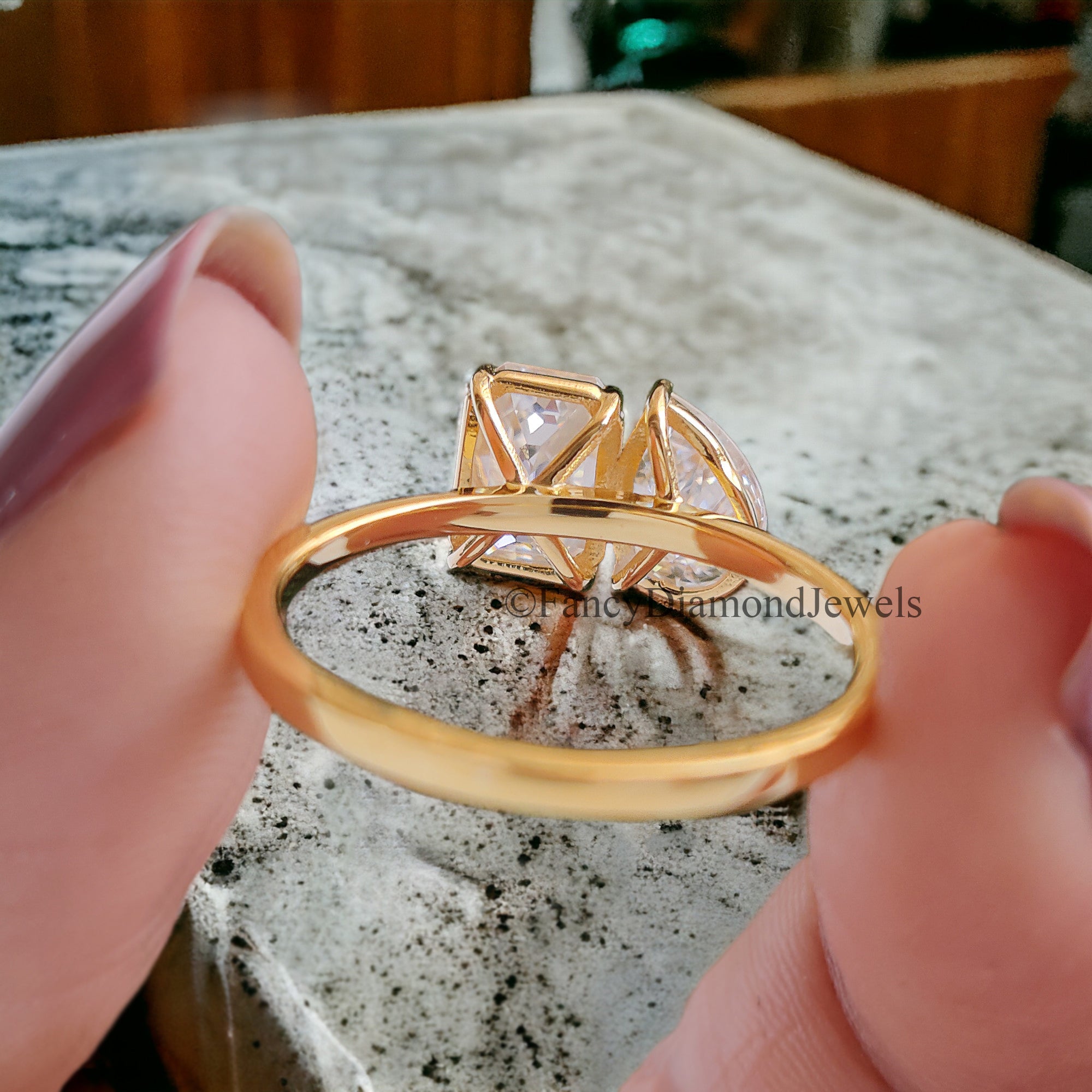 Pear And Emerald Cut Moissanite Engagement Ring 14K Solid Gold Colorless Moissanite Ring Toi Et Moi Ring Double Stone Wedding Ring FD68
