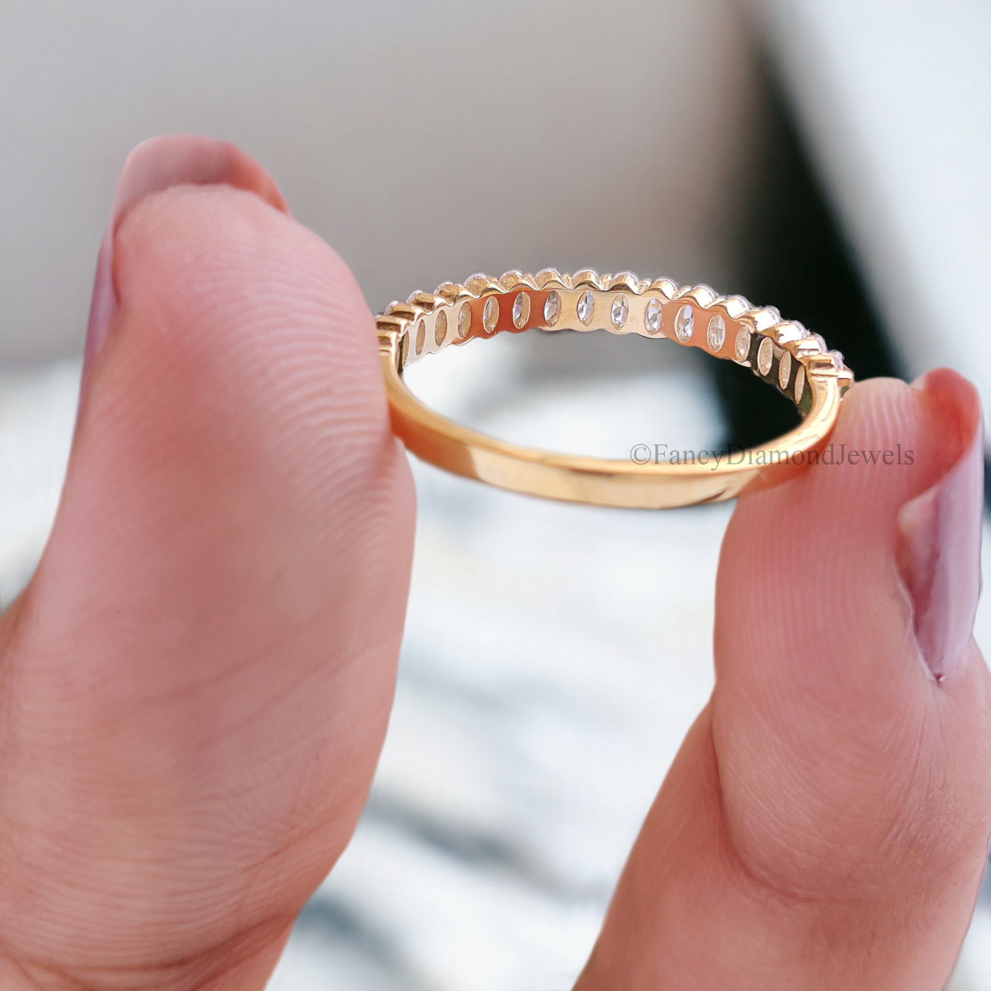 Oval cut Moissanite wedding band women yellow gold Unique Half eternity wedding band vintage Stacking Matching bridal gift for her FD131