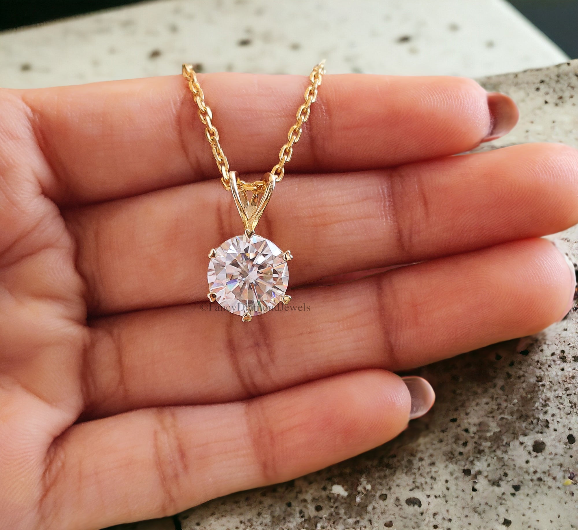 Antique Moissanite Pendant 3.50 CT Round Brilliant Cut Yellow Gold handmade jewelry Six Heart Shape prong basket setting Pendant FD151