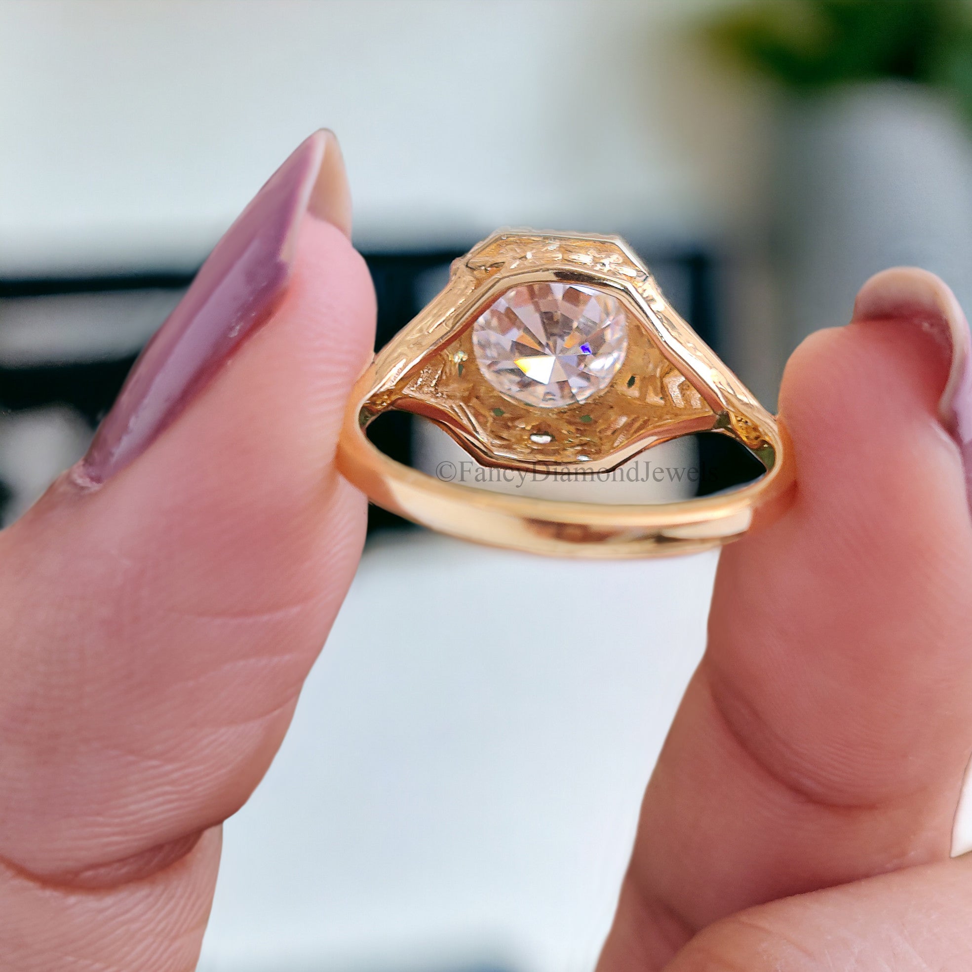 Art Deco Ring 1.80 CT Round Old European Cut Colorless Moissanite Ring OEC Ring Engagement Ring Wedding Ring Bridal Set 14KT Gold FD121