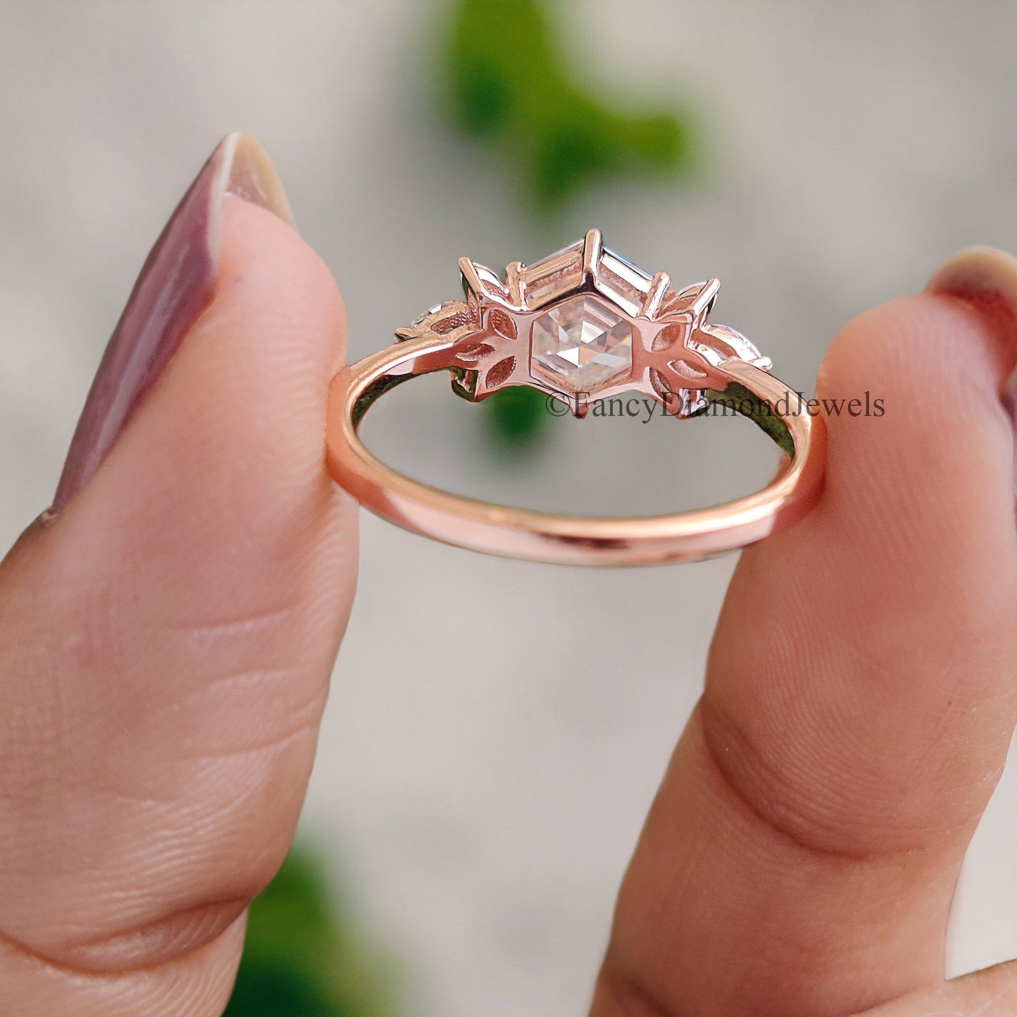 Hexagon cut Moissanite engagement ring Rose gold vintage Unique Marquise Diamond Cluster engagement ring delicate wedding Bridal ring FD104