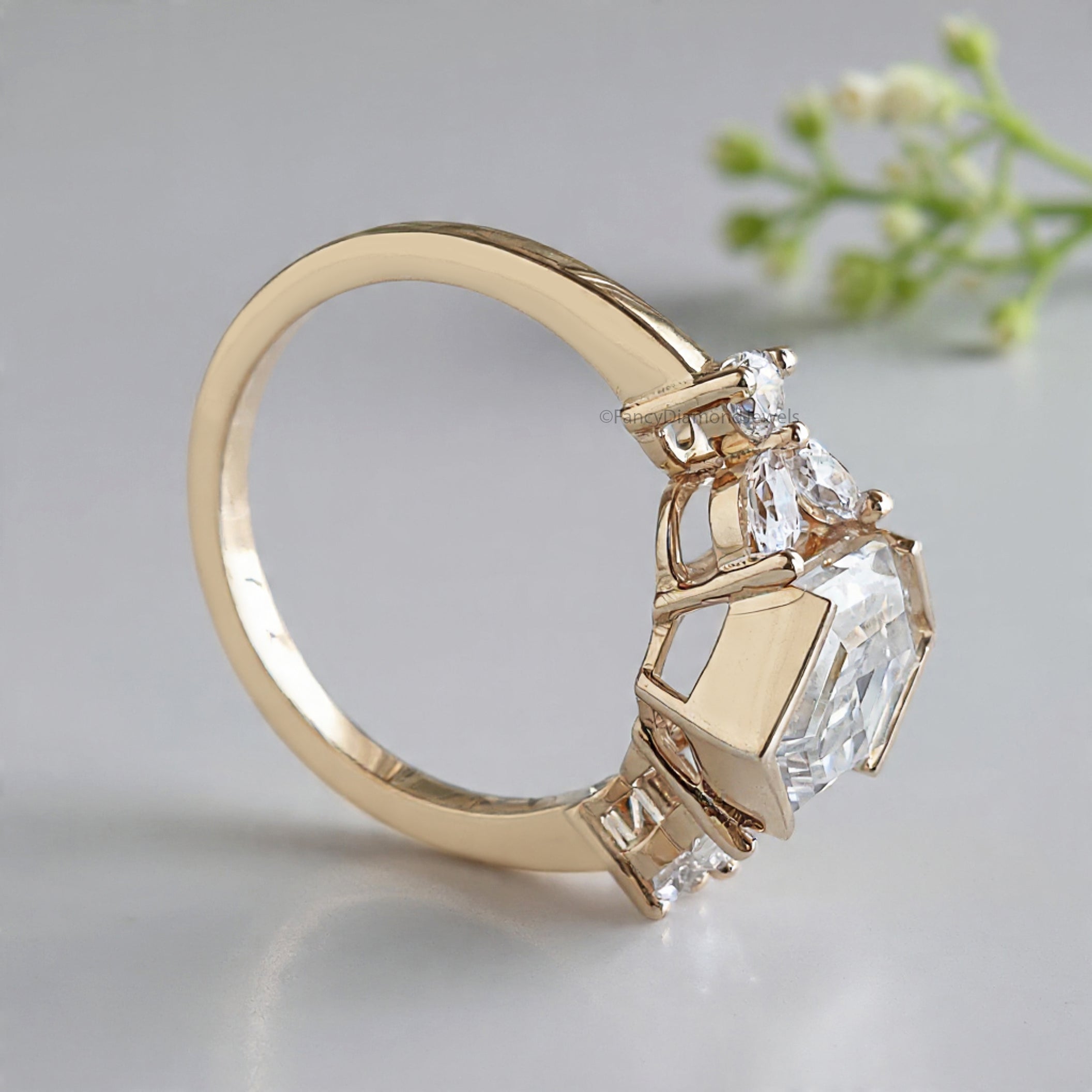 2.35 CT Hexagon cut Lab Grown Diamond Engagement Ring Side Three Stone Diamond ring Half Bezel Set Hexagon Ring for Her Wedding Ring FD470