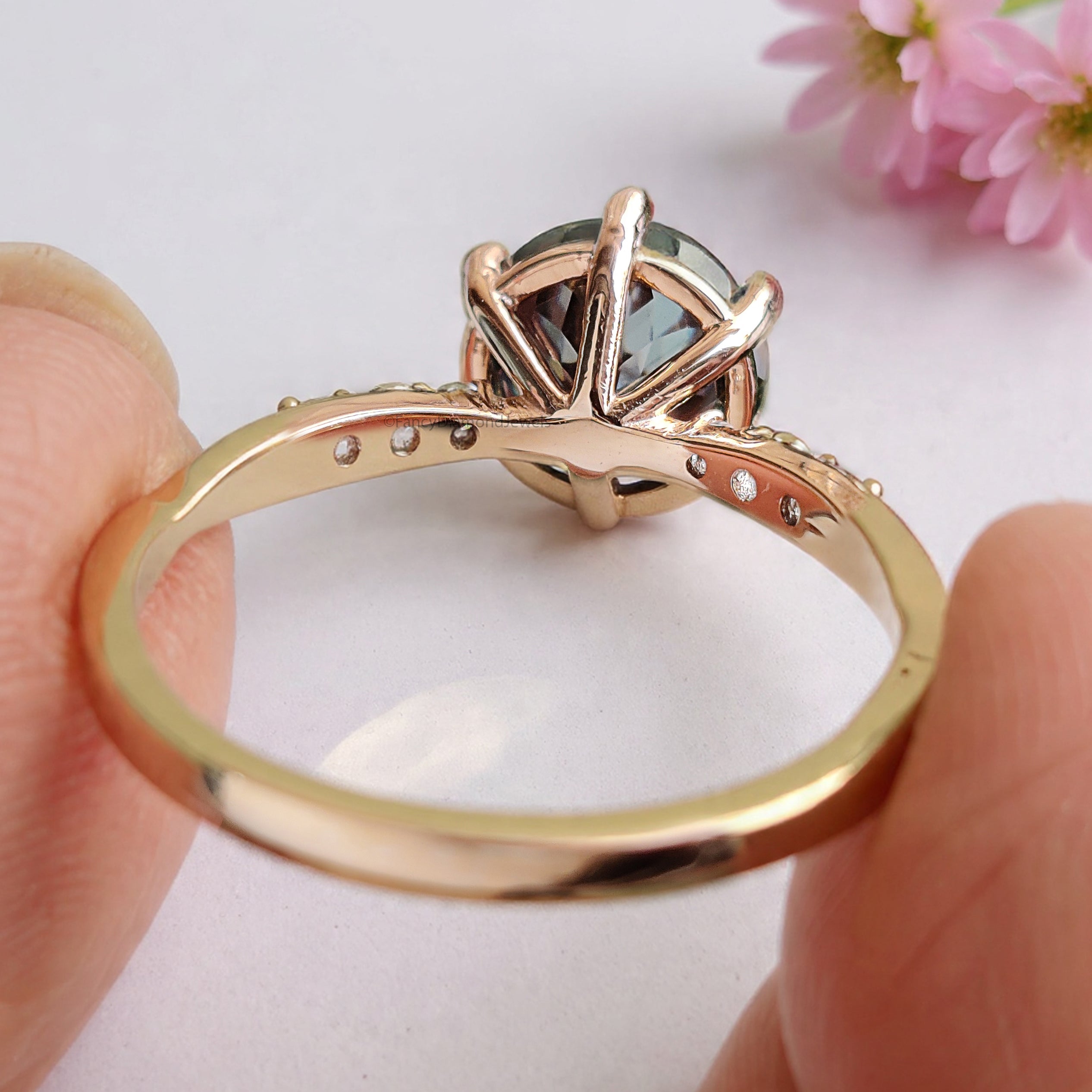 Round Portuguese Cut Blue Green Moissanite Engagement Ring Yellow Gold Ring Vintage Ring Crossover Band Wedding Ring Gift For Her FD475