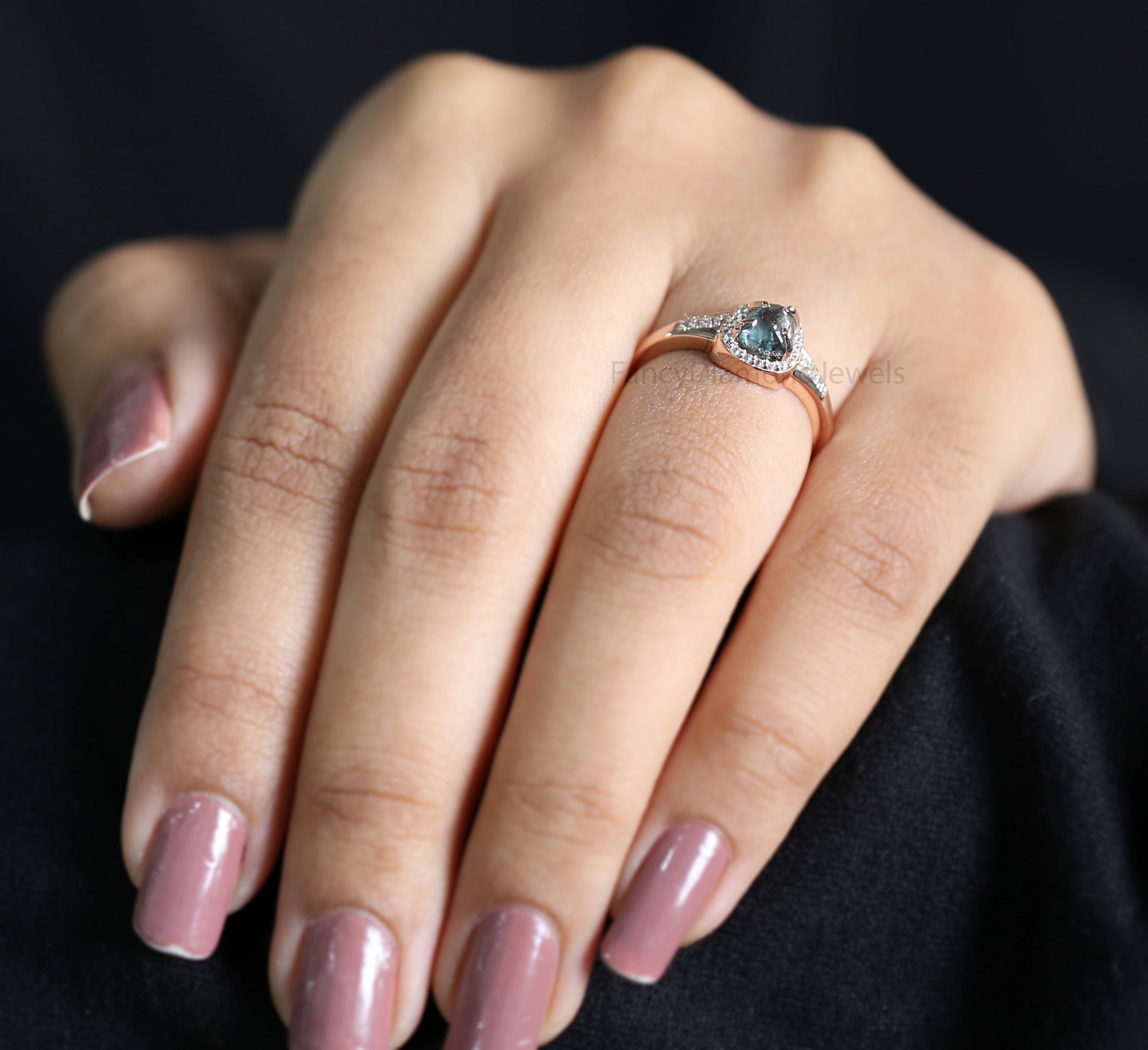 Rough Blue Color Diamond Ring 1.12 Ct 6.12 MM Crystal Rough Diamond Ring 14K Solid Rose Gold Silver Engagement Ring Gift For Her QL2319