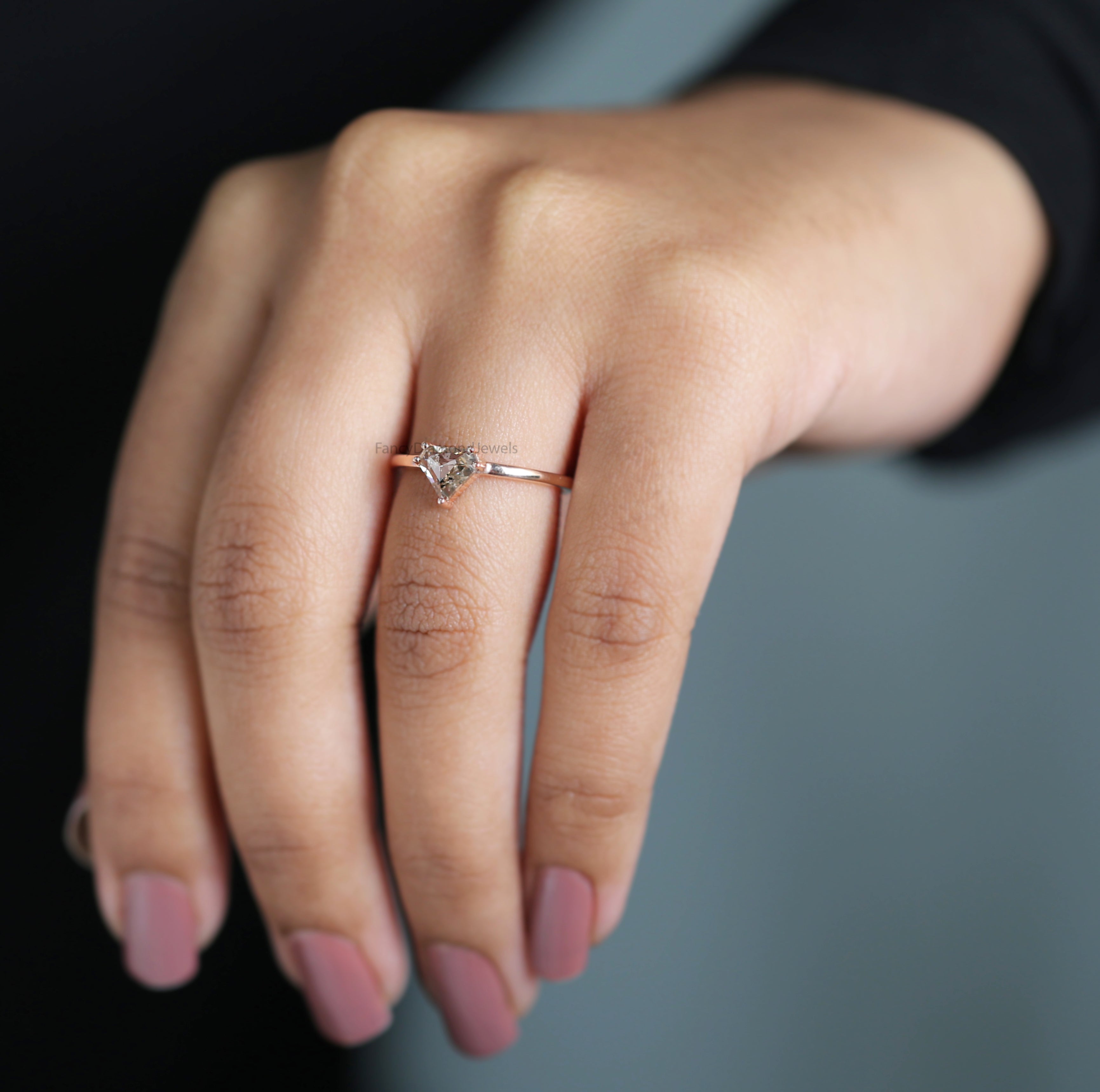 Shield Cut Salt And Pepper Diamond Ring 0.73 Ct 5.79 MM Shield Diamond Ring 14K Solid Rose Gold Silver Engagement Ring Gift For Her QL9513