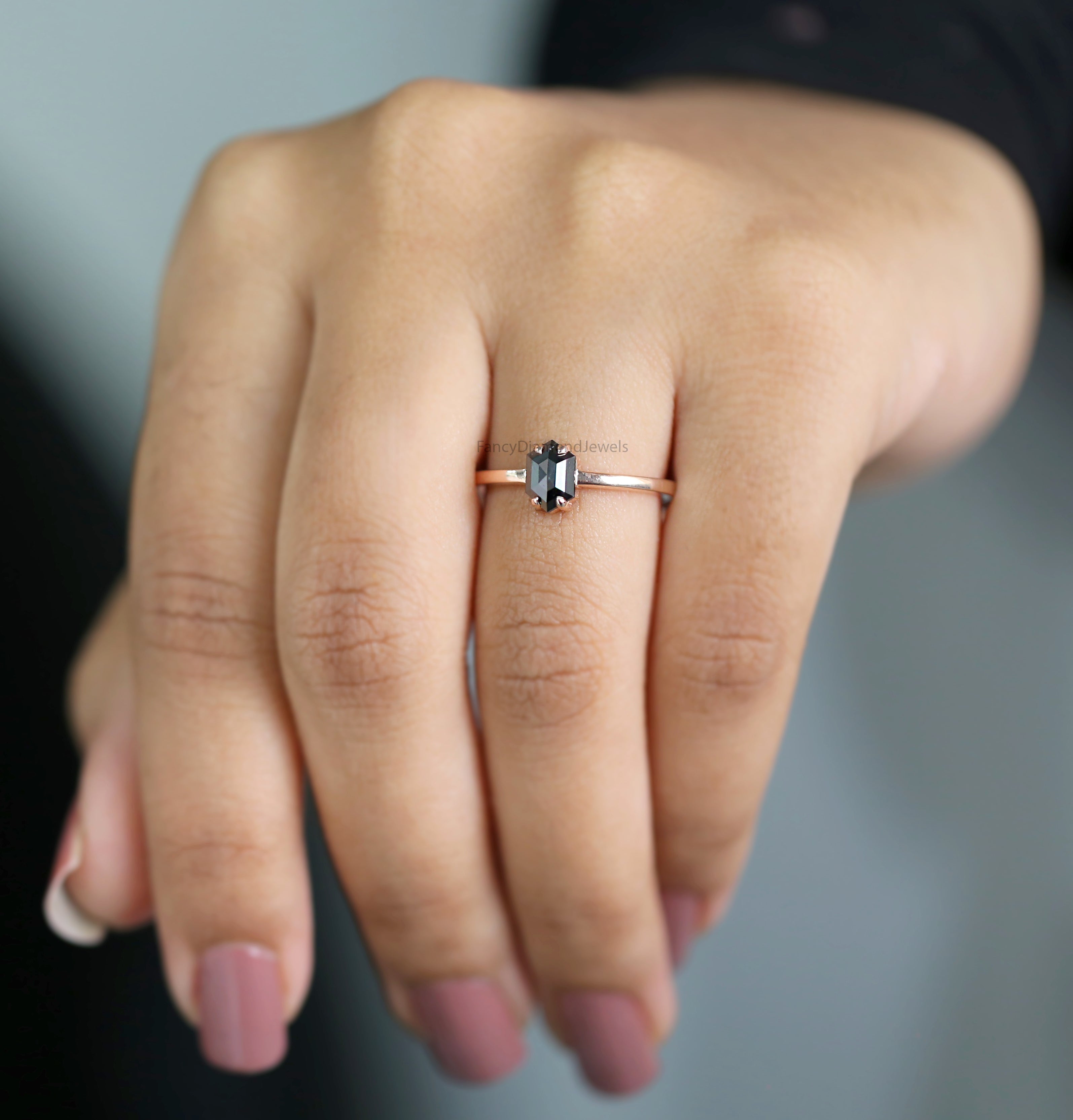 Hexagon Black Color Diamond Ring 0.88 Ct 6.70 MM Hexagon Shape Diamond Ring 14K Solid Rose Gold Silver Engagement Ring Gift For Her QN2274