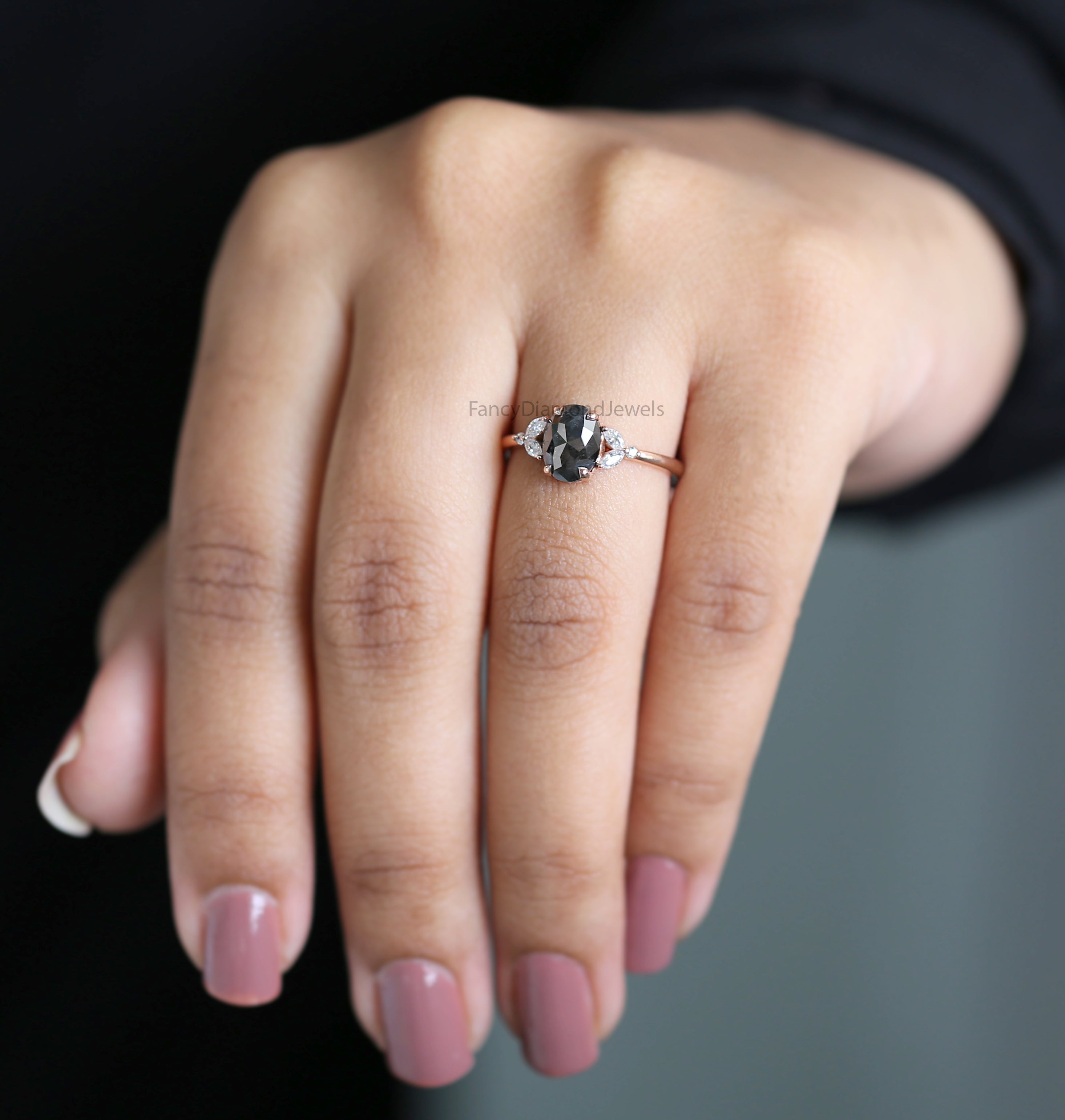 Oval Cut Salt And Pepper Diamond Ring 1.49 Ct 8.03 MM Oval Diamond Ring 14K Solid Rose Gold Silver Oval Engagement Ring Gift For Her QL2889