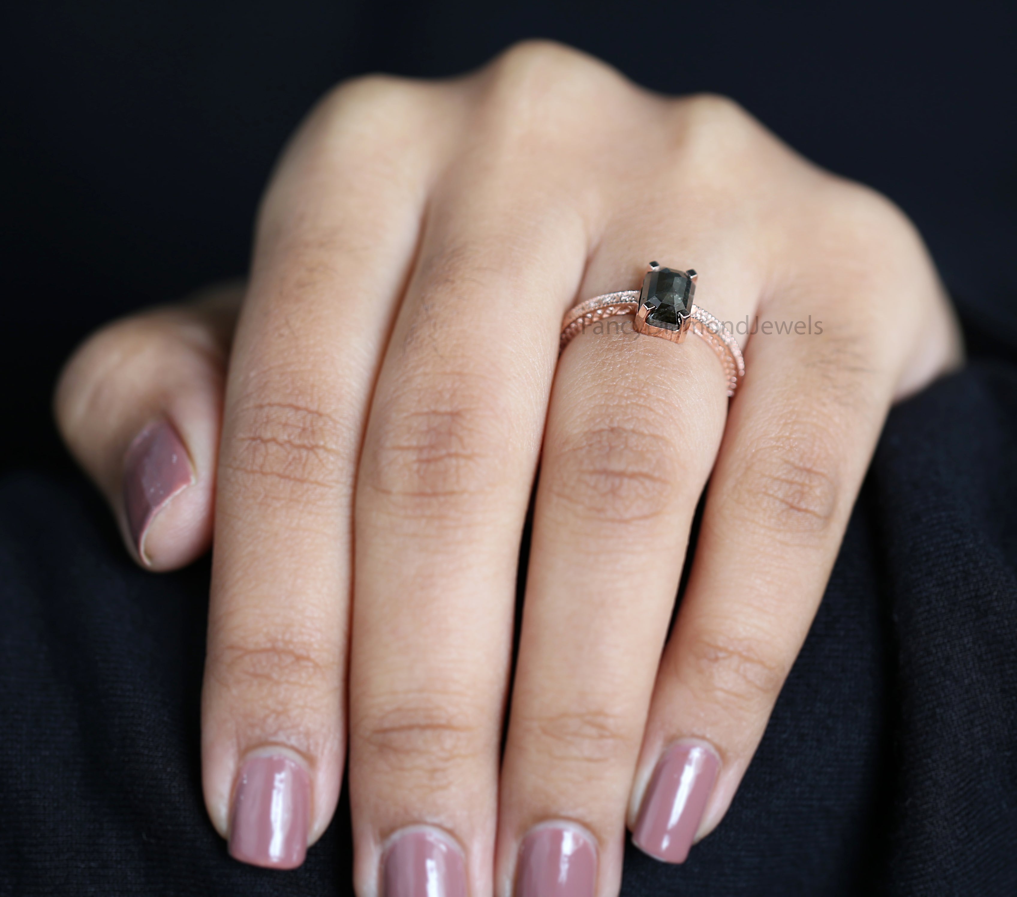 Emerald Black Color Diamond Ring 1.67 Ct 7.82 MM Emerald Shape Diamond Ring 14K Solid Rose Gold Silver Engagement Ring Gift For Her QL2853
