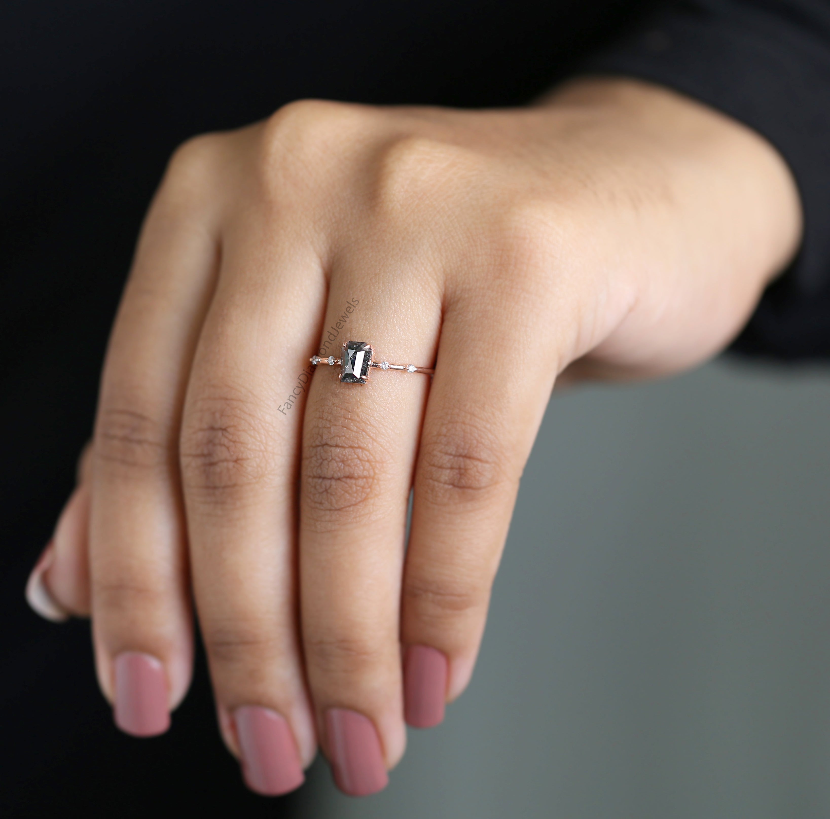 Coffin Cut Salt And Pepper Diamond Ring 0.87 Ct 6.00 MM Coffin Diamond Ring 14K Solid Rose Gold Silver Engagement Ring Gift For Her QN8841