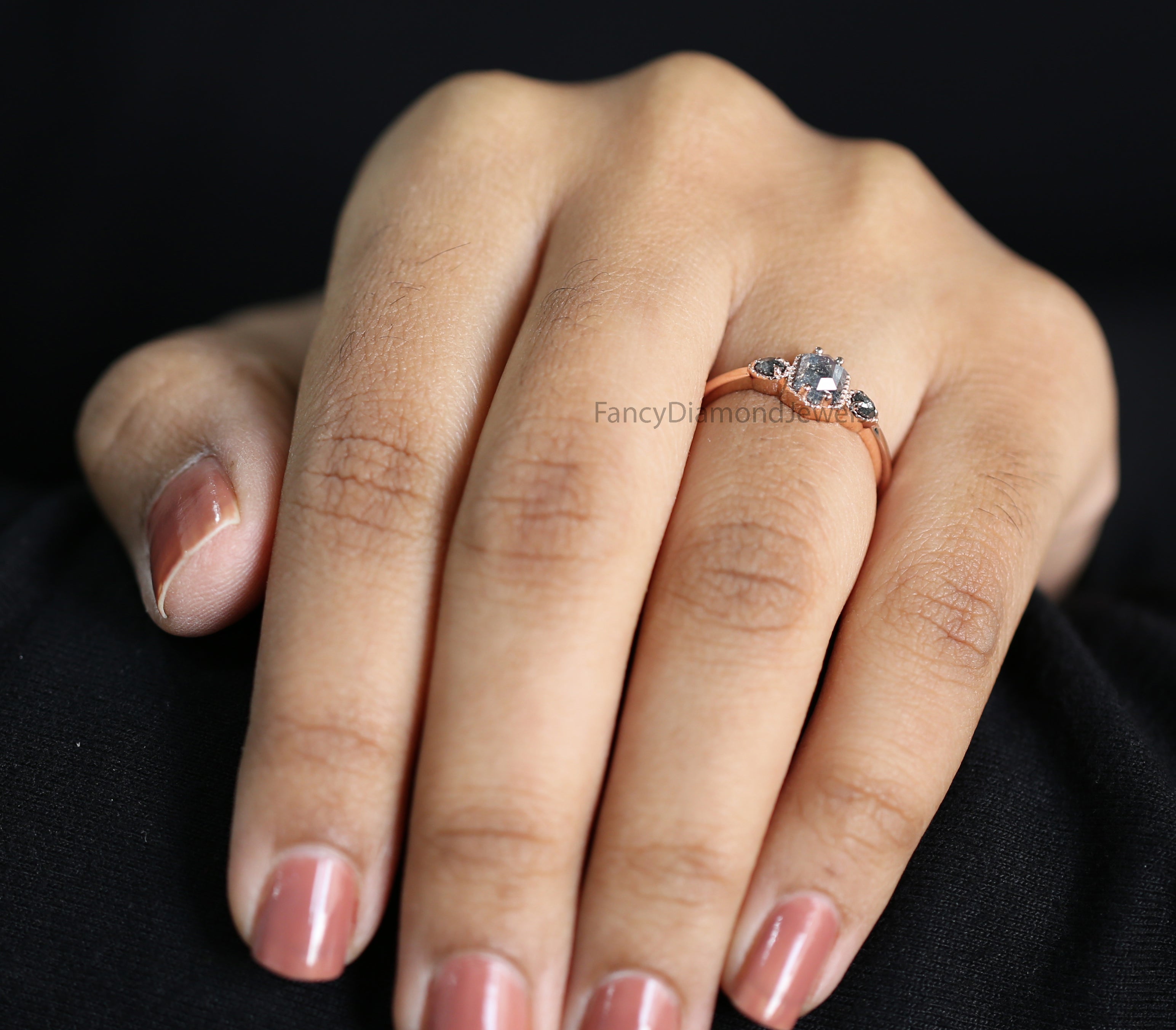 Hexagon Cut Salt And Pepper Diamond Ring 0.62 Ct 5.72 MM Hexagon Diamond Ring 14K Solid Rose Gold Silver Engagement Ring Gift For Her QK2593