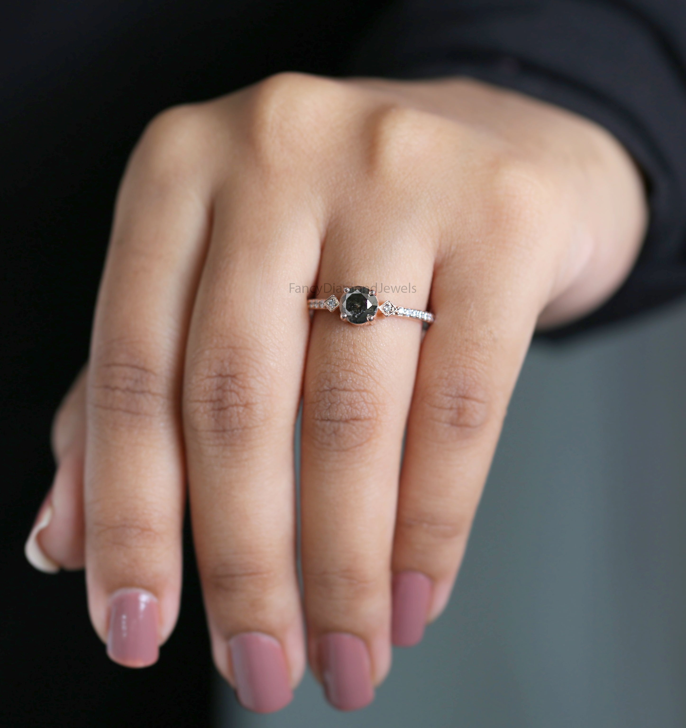Round Salt And Pepper Diamond Ring 1.01 Ct 5.95 MM Round Cut Diamond Ring 14K Solid Rose Gold Silver Engagement Ring Gift For Her QL3094