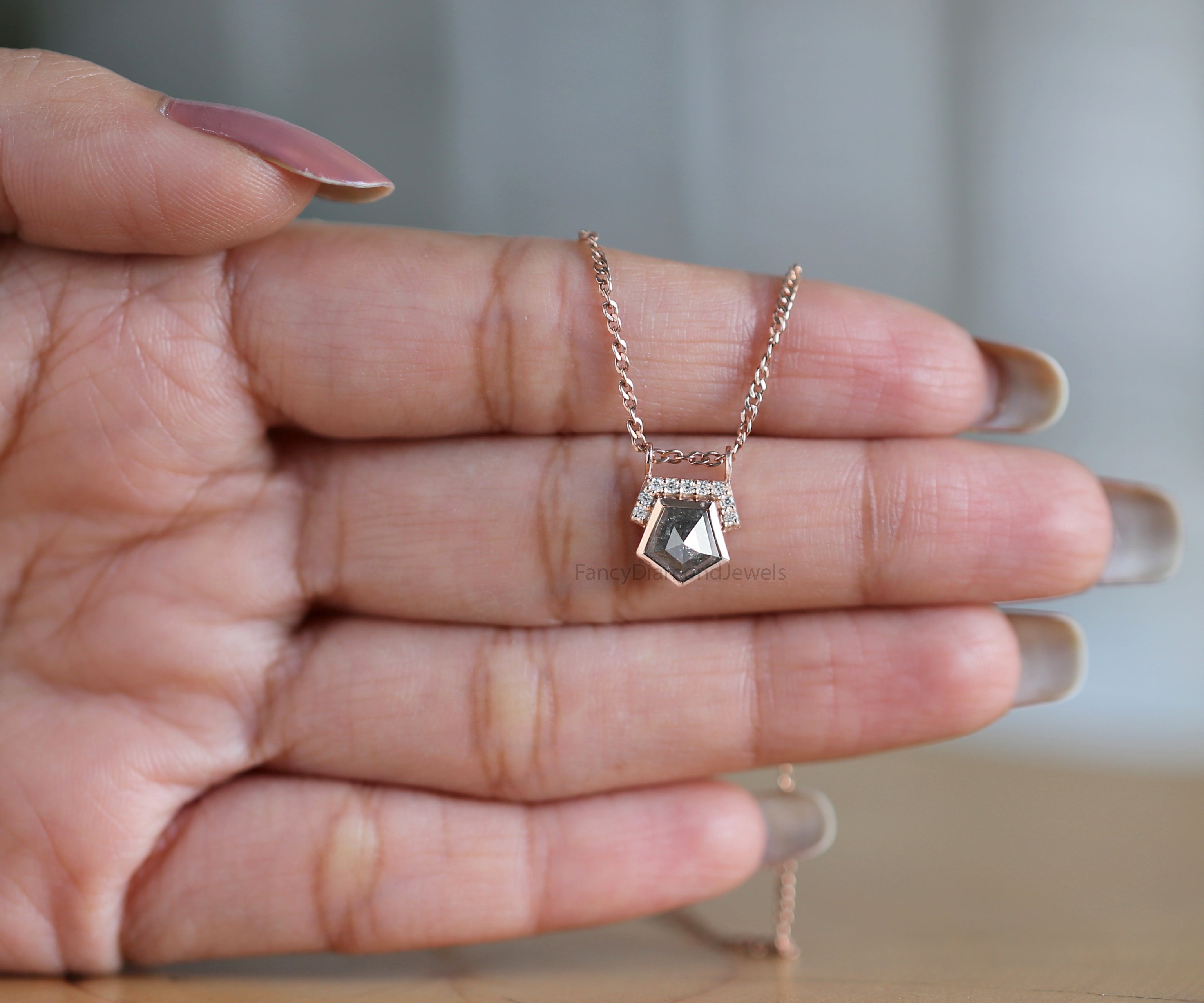 Pentagon Cut Salt And Pepper Diamond Pendant 1.31 Ct 6.75 MM Pentagon Shape Diamond Pendant 14K Rose Gold Silver Engagement Pendant QN521