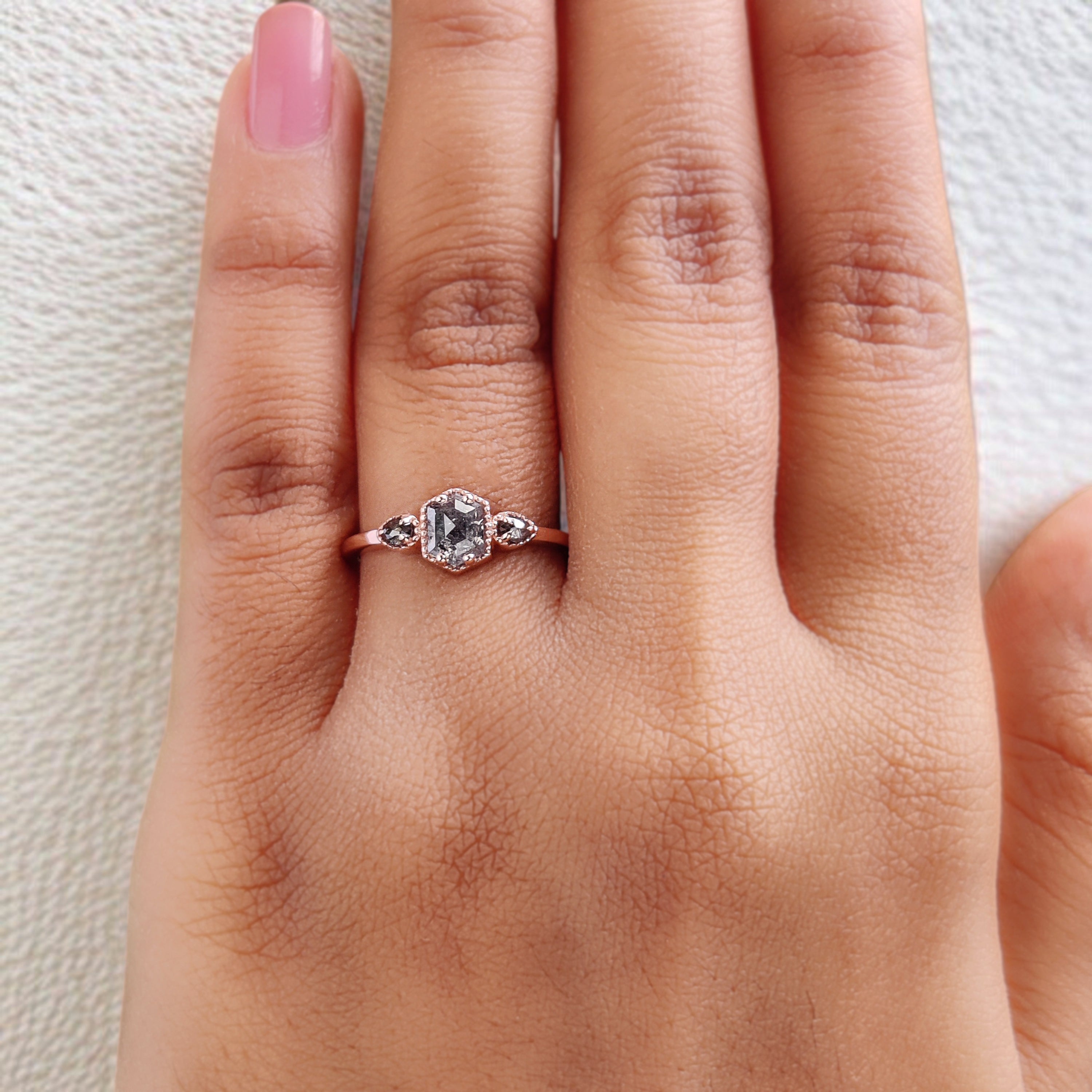 Hexagon Cut Salt And Pepper Diamond Ring 0.62 Ct 5.72 MM Hexagon Diamond Ring 14K Solid Rose Gold Silver Engagement Ring Gift For Her QK2593