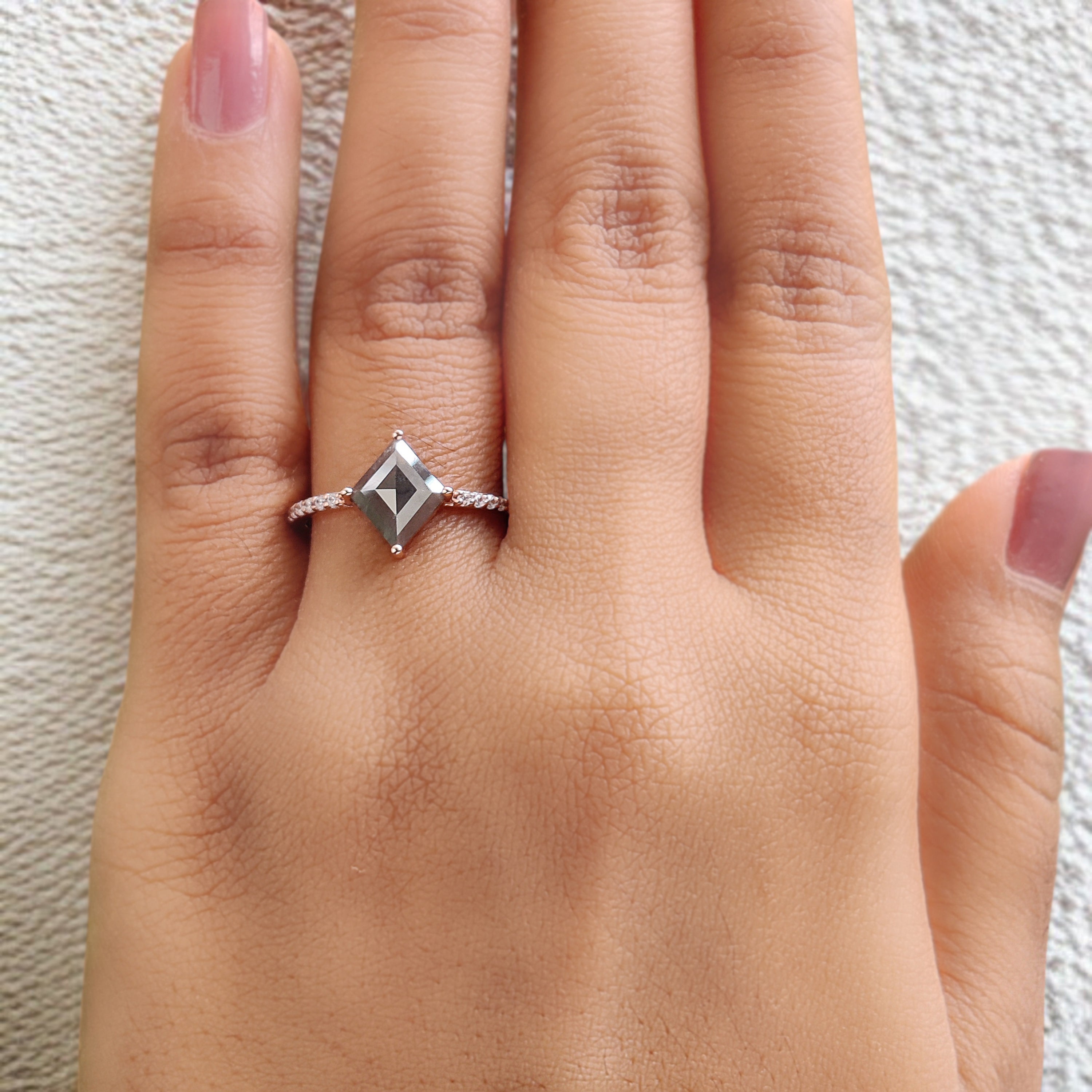 Kite Cut Salt And Pepper Diamond Ring 1.50 Ct 9.60 MM Kite Diamond Ring 14K Solid Rose Gold Silver Kite Engagement Ring Gift For Her QK2049