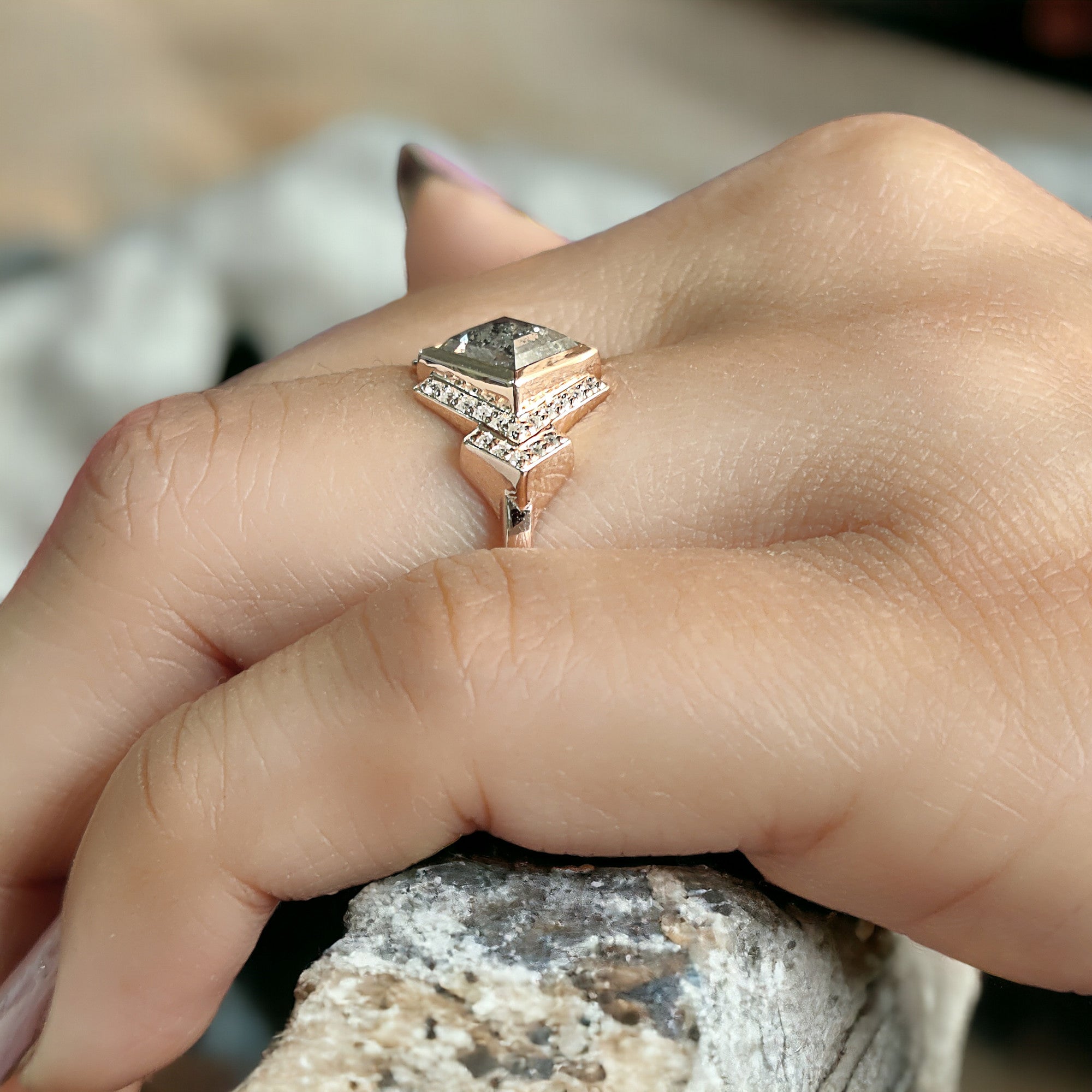 Kite Cut Salt And Pepper Diamond Ring 0.96 Ct 7.75 MM Kite Diamond Ring 14K Solid Rose Gold Silver Kite Engagement Ring Gift For Her QL2757