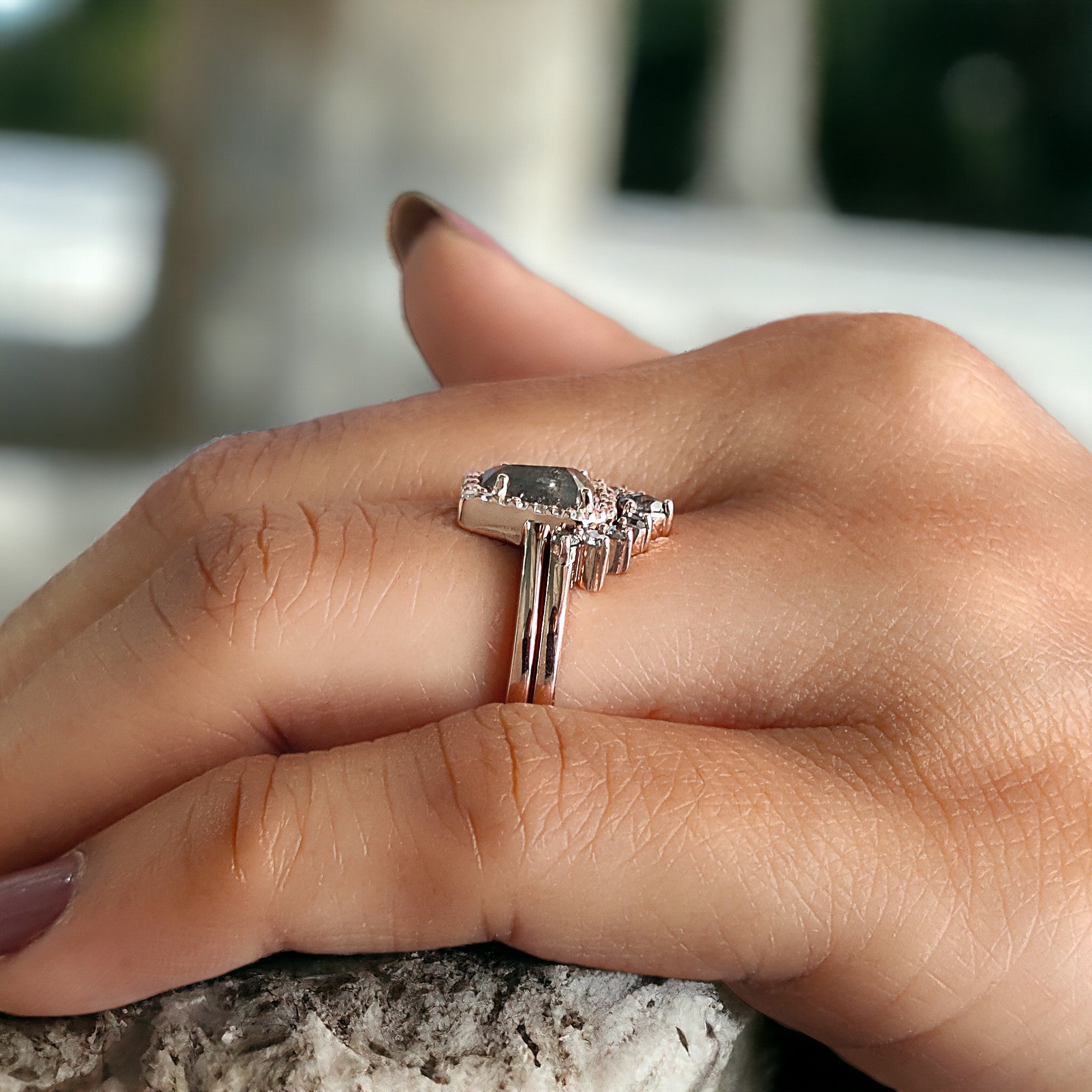 Coffin Cut Salt And Pepper Diamond Ring 0.69 Ct 6.90 MM Coffin Diamond Ring 14K Solid Rose Gold Silver Engagement Ring Gift For Her QL506
