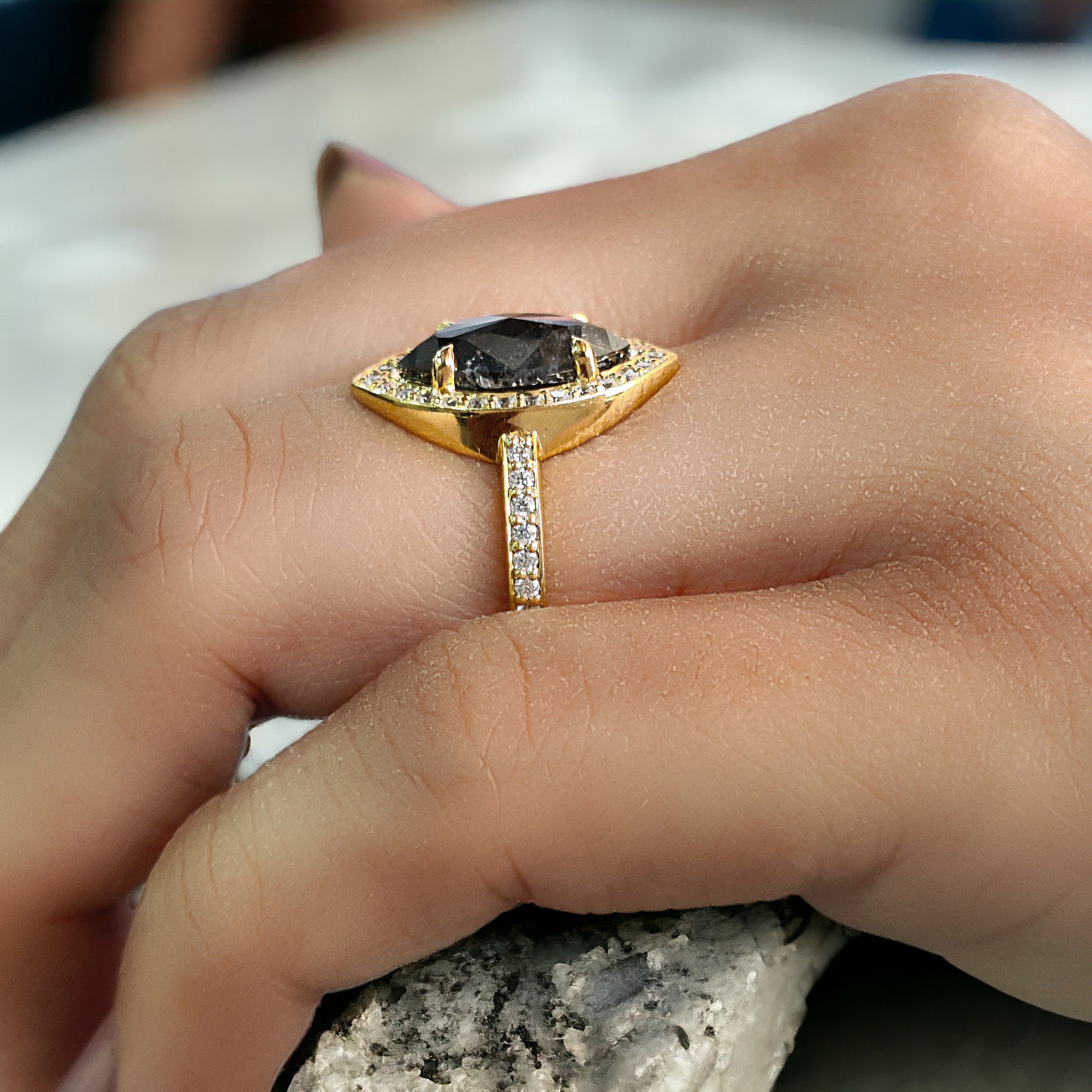 Marquise Cut Salt And Pepper Diamond Ring 1.81 Ct 11.70 MM Marquise Diamond Ring 14K Solid Yellow Gold Engagement Ring Gift For Her QL2091