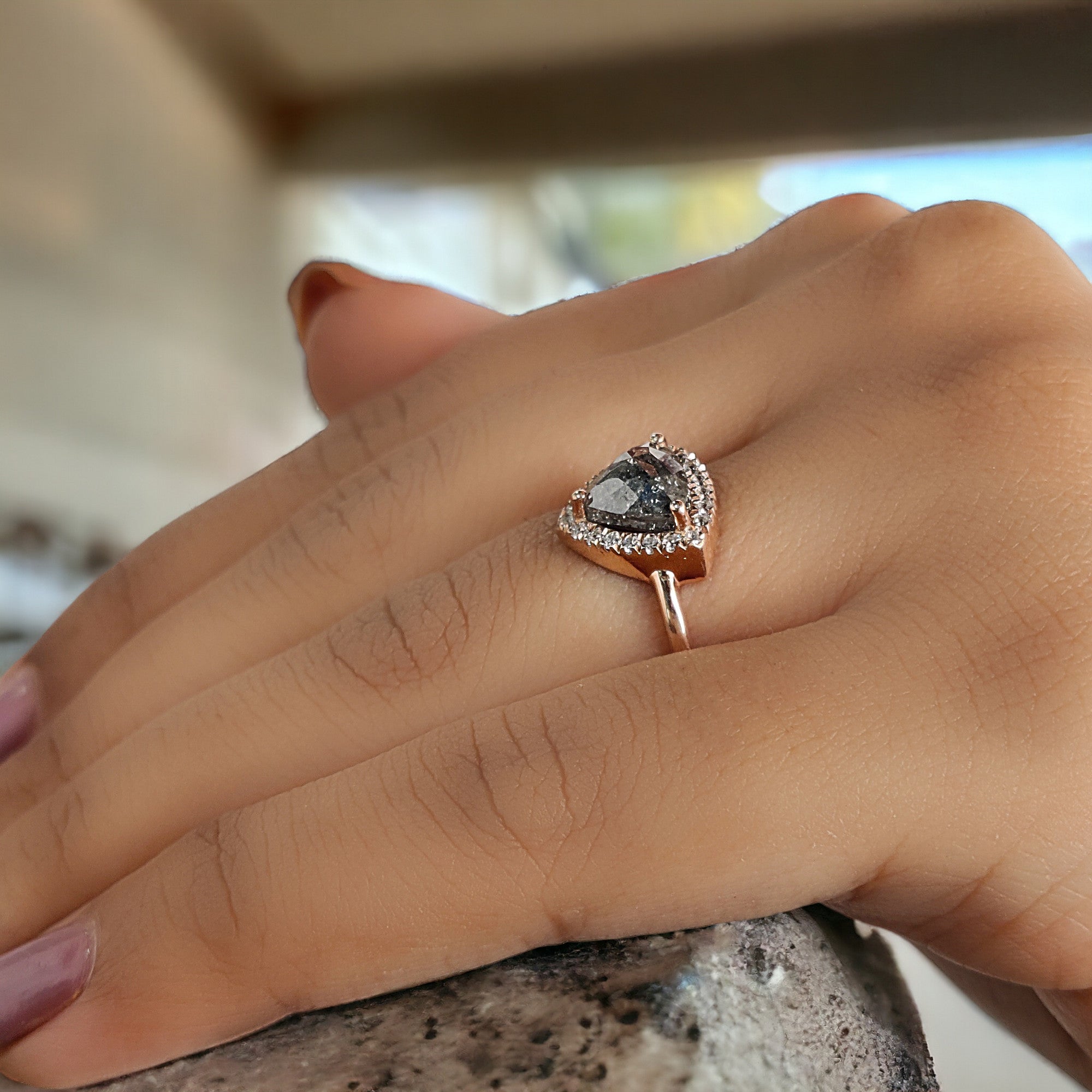 Triangle Salt And Pepper Diamond Ring 1.67 Ct 7.30 MM Triangle Diamond Ring 14K Solid Rose Gold Silver Engagement Ring Gift For Her QL8124