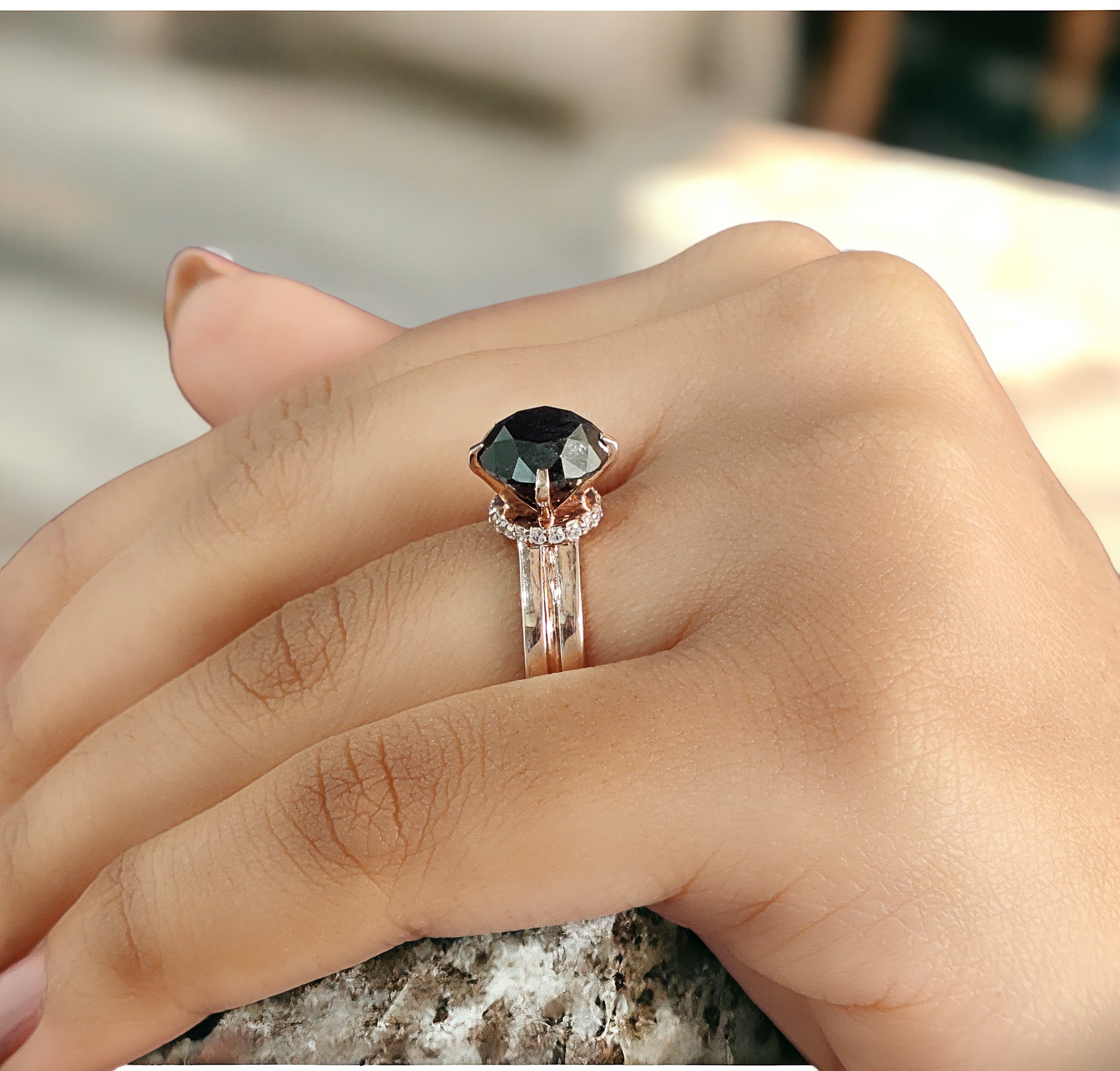 Round Cut Black Color Diamond Ring 3.76 Ct 9.30 MM Round Shape Diamond Ring 14K Solid Rose Gold Silver Engagement Ring Gift For Her QL8487