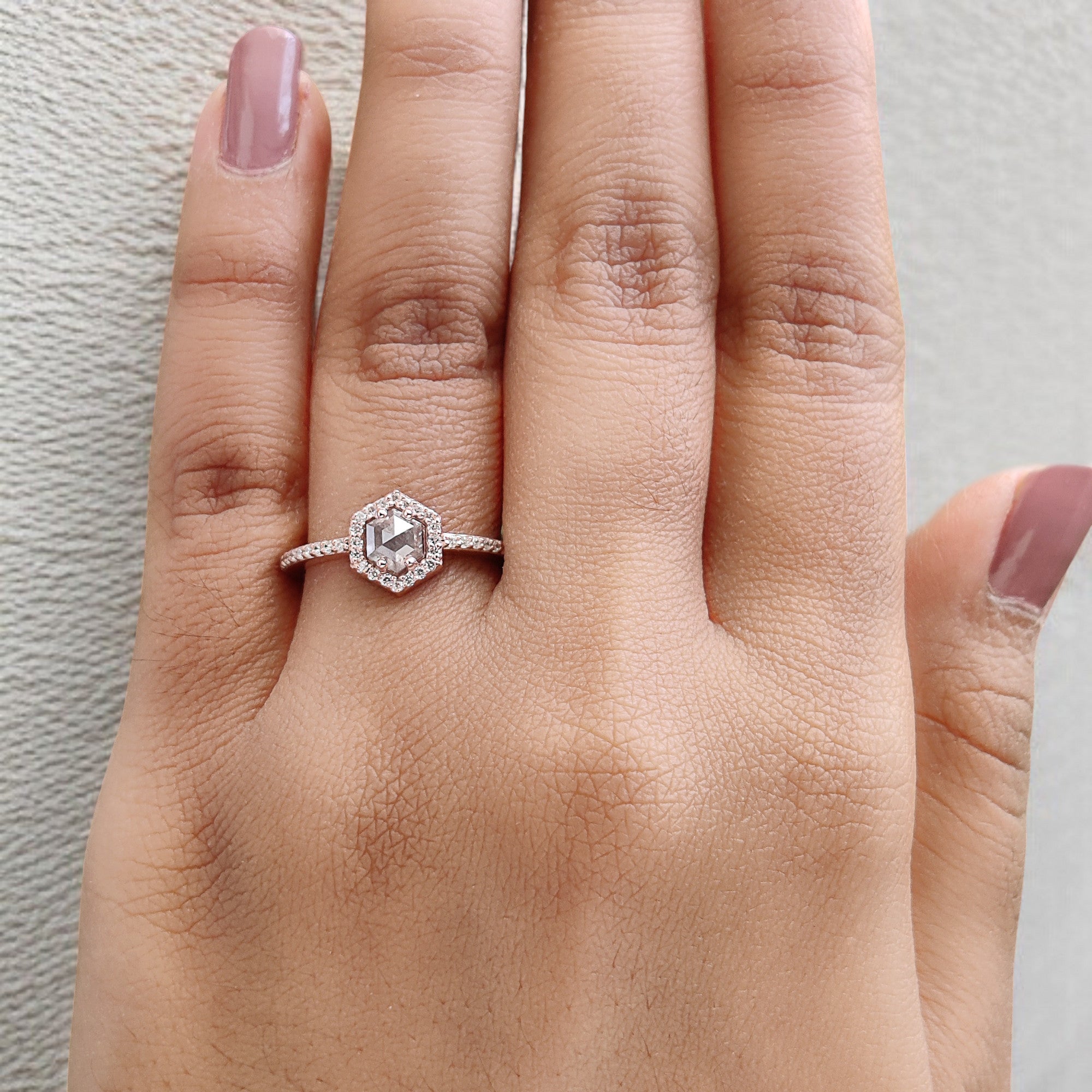 Hexagon Cut Salt And Pepper Diamond Ring 0.57 Ct 5.20 MM Hexagon Diamond Ring 14K Solid Rose Gold Silver Engagement Ring Gift For Her QL7965