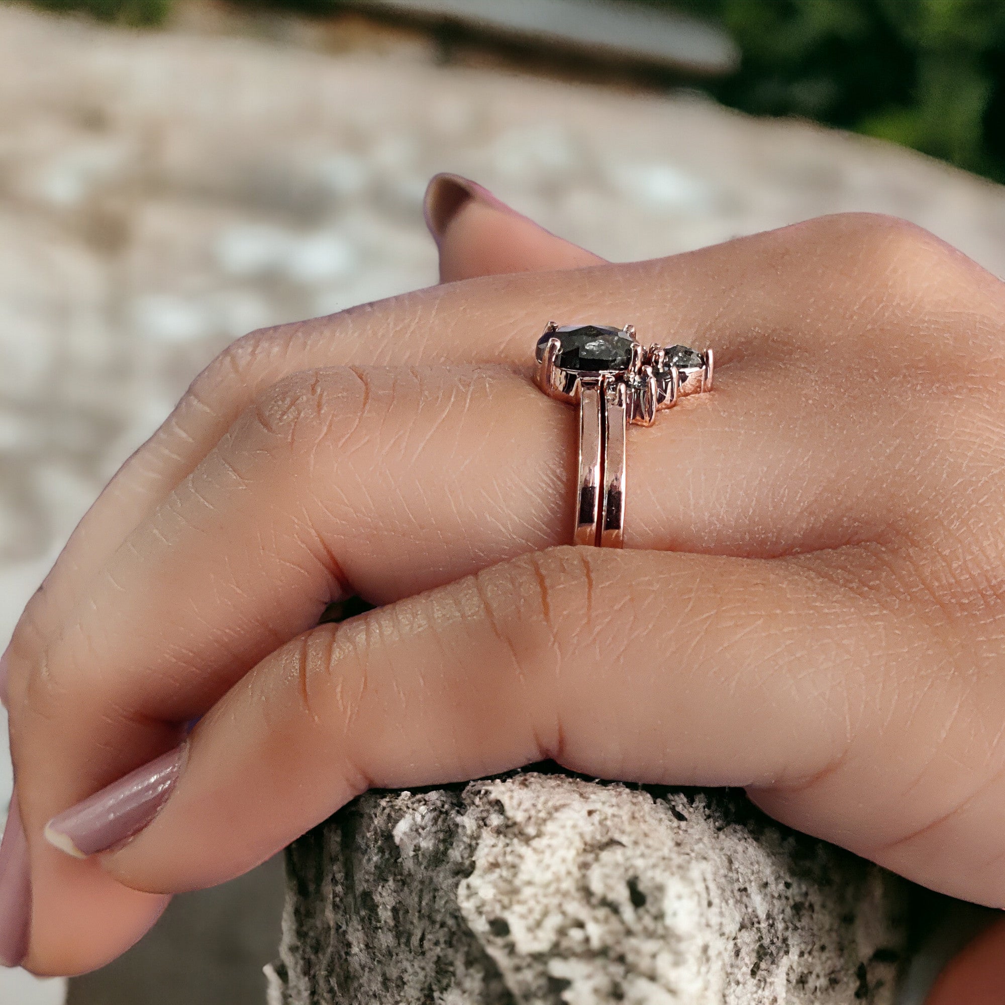 Oval Cut Salt And Pepper Diamond Ring 1.04 Ct 7.35 MM Oval Diamond Ring 14K Solid Rose Gold Silver Oval Engagement Ring Gift For Her QL1021