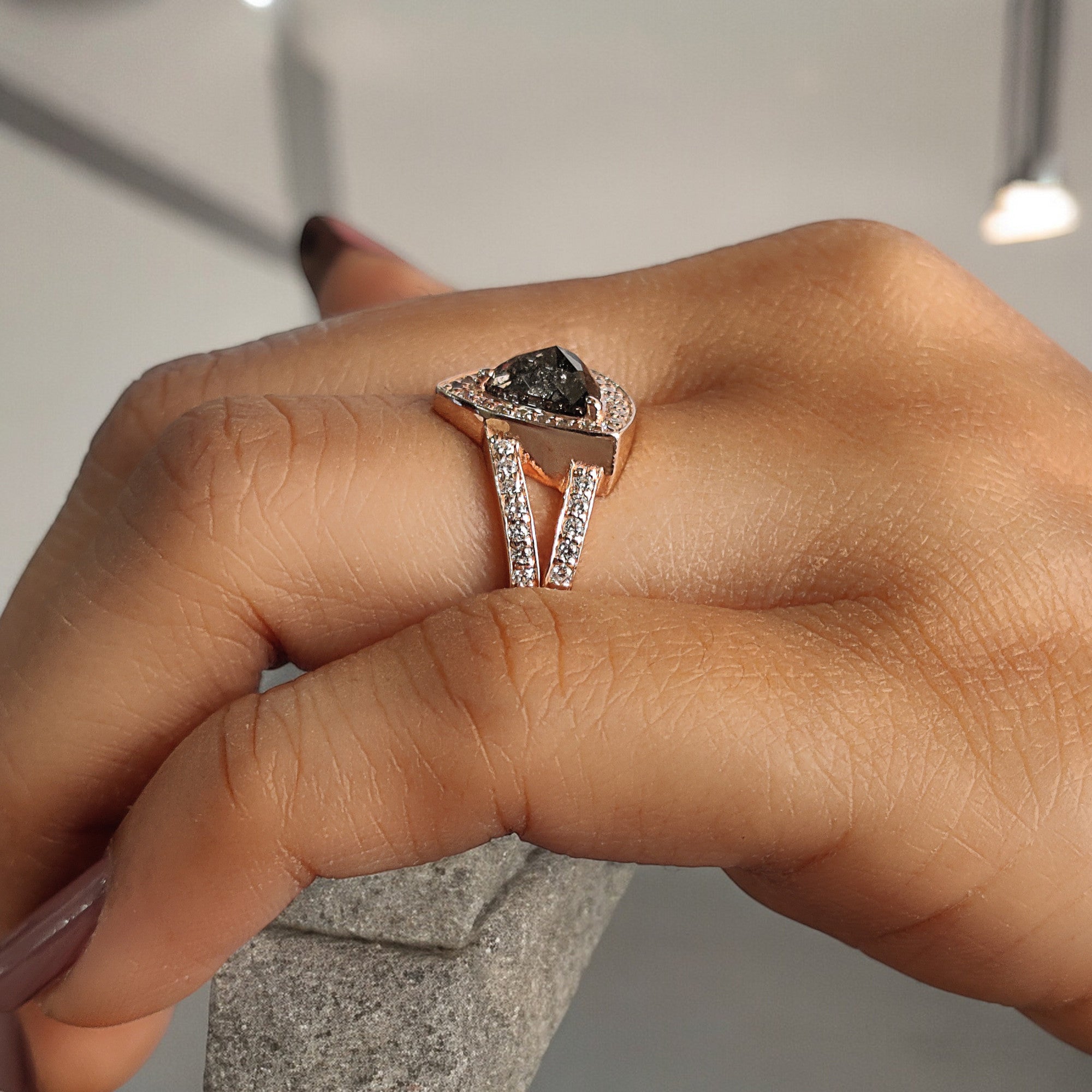 Triangle Cut Salt And Pepper Diamond Ring 1.27 Ct 7.00 MM Triangle Shape Diamond Ring 14K Solid Rose Gold Engagement Ring Gift For Her QN9661