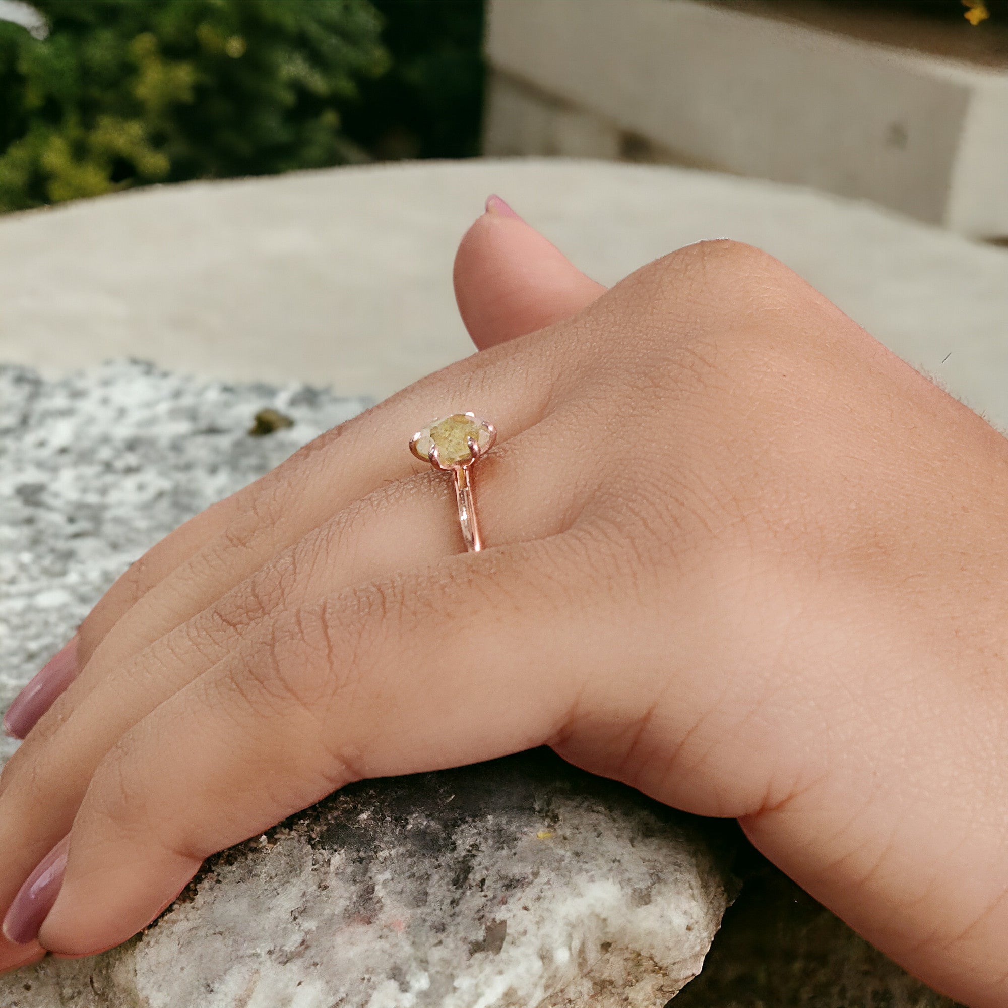 Round Rose Cut Yellow Color Diamond Ring 1.07 Ct 6.41 MM Round Shape Diamond Ring 14K Rose Gold Silver Engagement Ring Gift For Her QK2496