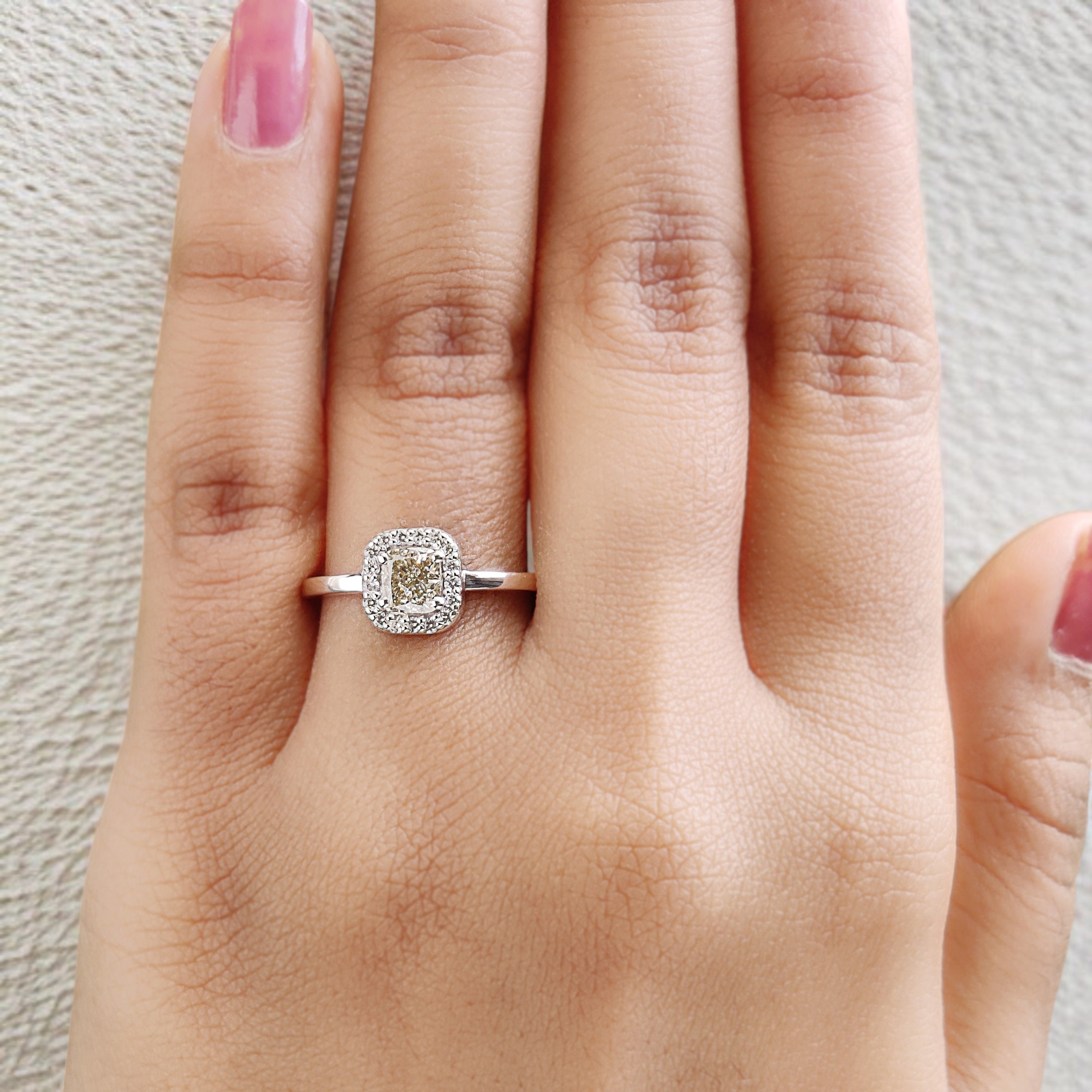 Cushion Cut Yellow Color Diamond Ring 0.60 Ct 4.70 MM Cushion Diamond Ring 14K Solid White Gold Silver Engagement Ring Gift For Her QN9833