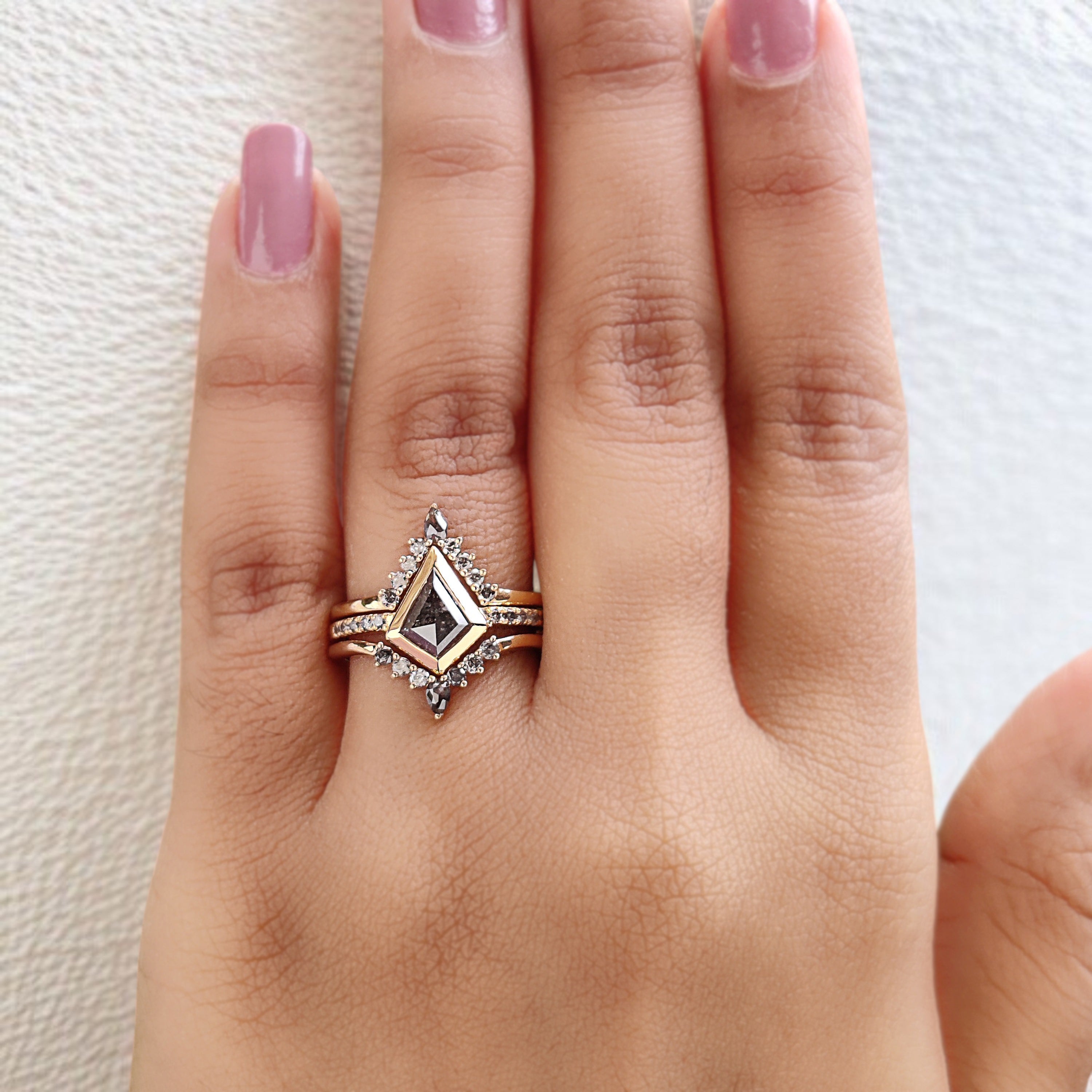 Kite Cut Salt And Pepper Diamond Ring 0.81 CT 8.90 MM Kite Shape Diamond Wedding Ring Set Bezel Set Engagement Ring Gift For Her KDL3391