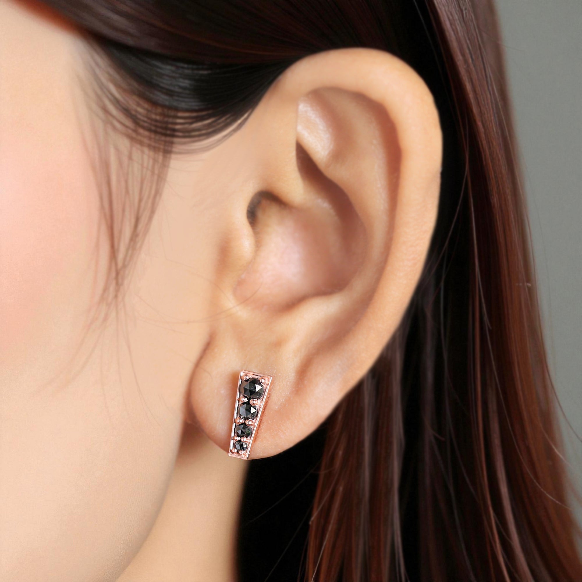 Round Rose Cut Black Color Diamond Earring 0.75 CT Round Diamond Earring 14K Solid Rose Gold Silver Round Cut Earring Gift For Her KD949