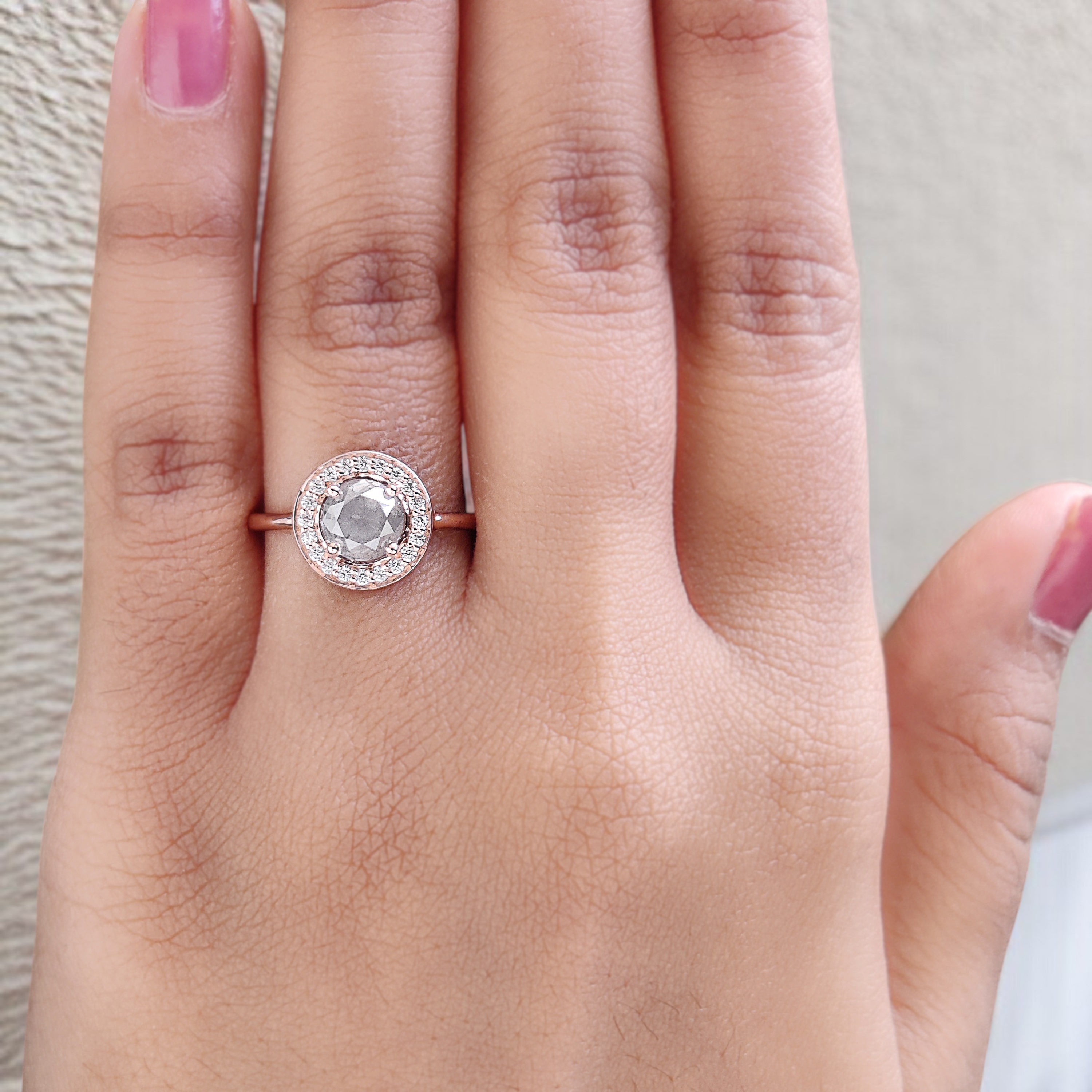 Round Cut Salt And Pepper Diamond Ring 1.25 Ct 6.15 MM Round Diamond Ring 14K Solid Rose Gold Silver Engagement Ring Gift For Her QN486