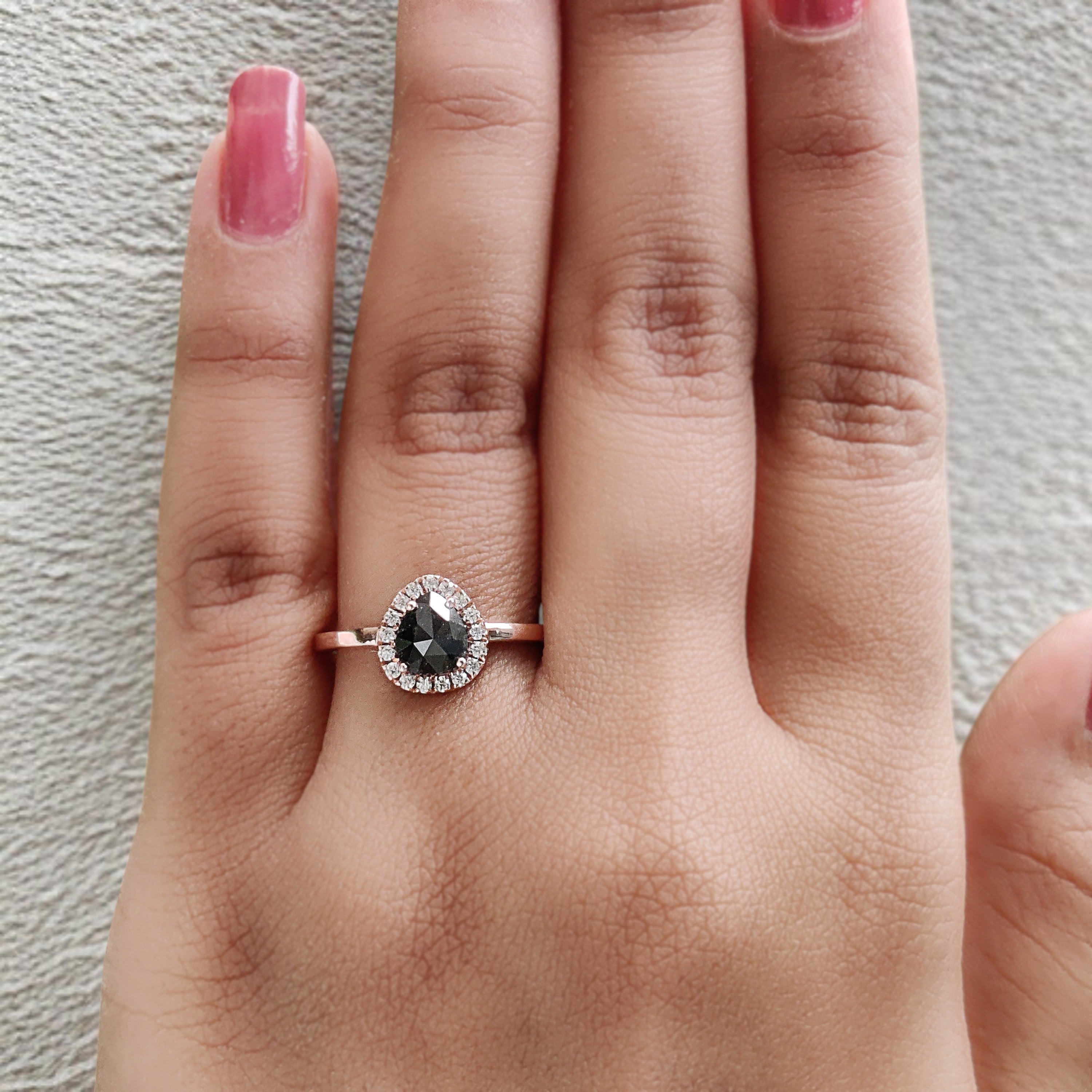 Pear Cut Salt And Pepper Diamond Ring 1.00 Ct 6.35 MM Pear Shape Diamond Ring 14K Solid Rose Gold Silver Engagement Ring Gift For Her QN9348