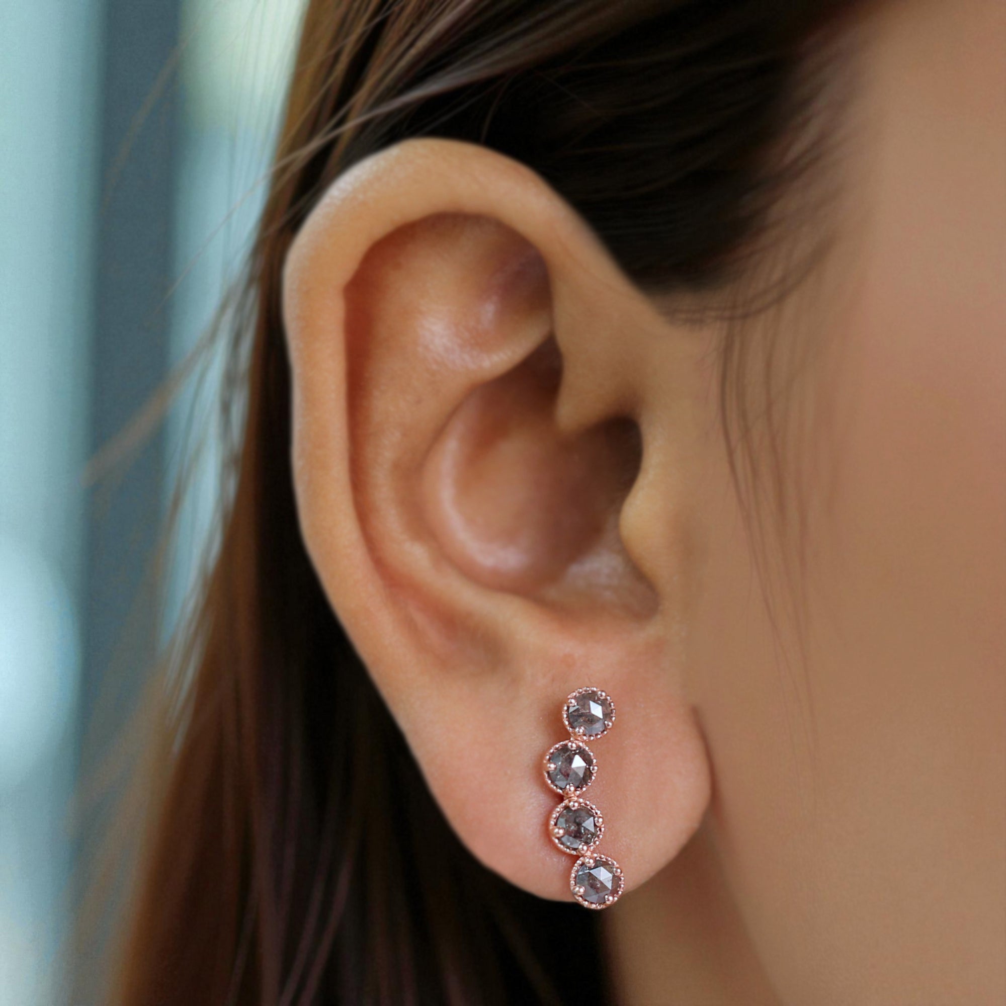 Round Rose Cut Salt And Pepper Diamond Earring 1.40 Ct 3.70 MM Round Diamond Earring 14K Solid Rose Gold Silver Earring Gift For Her KDL2391