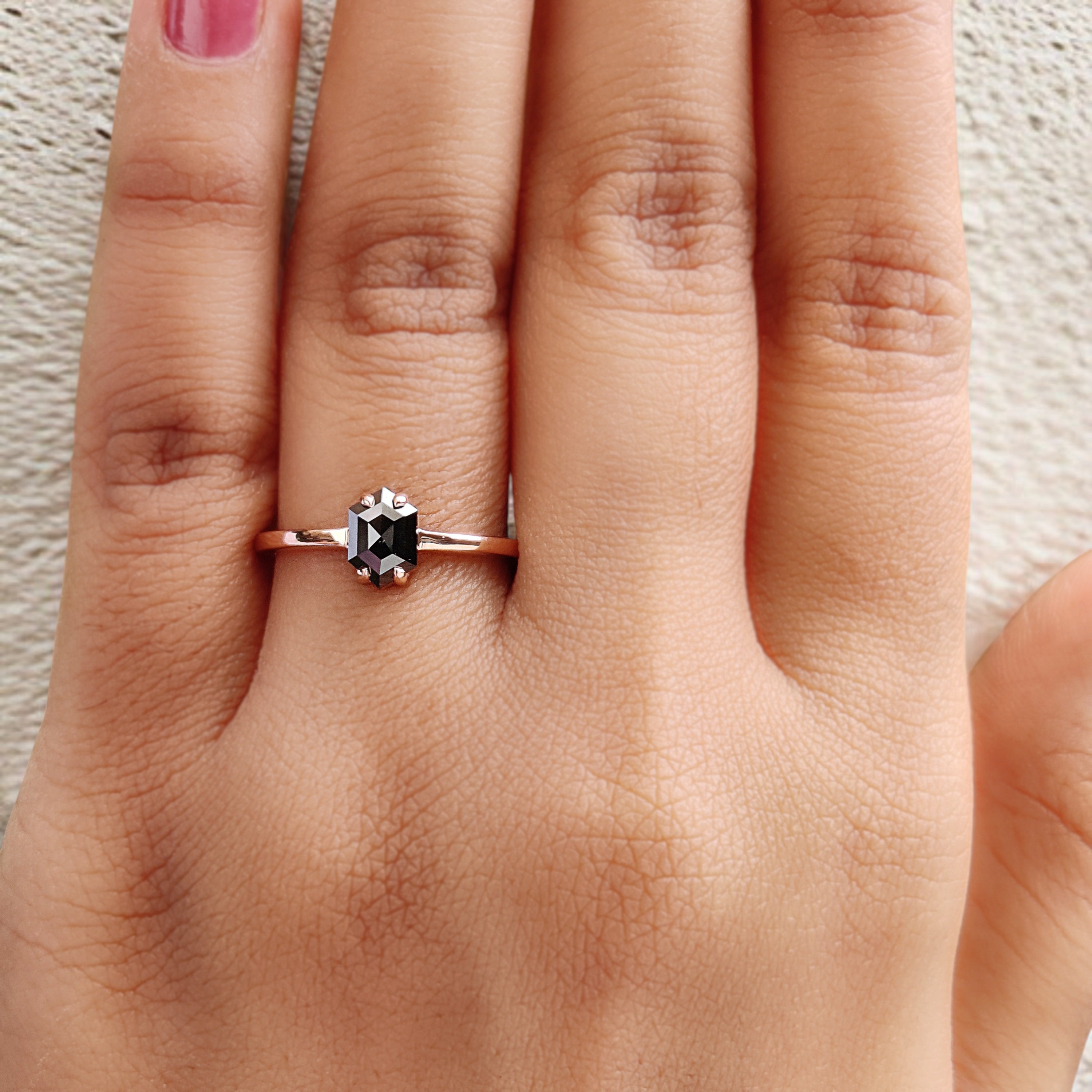 Hexagon Black Color Diamond Ring 0.88 Ct 6.70 MM Hexagon Shape Diamond Ring 14K Solid Rose Gold Silver Engagement Ring Gift For Her QN2274