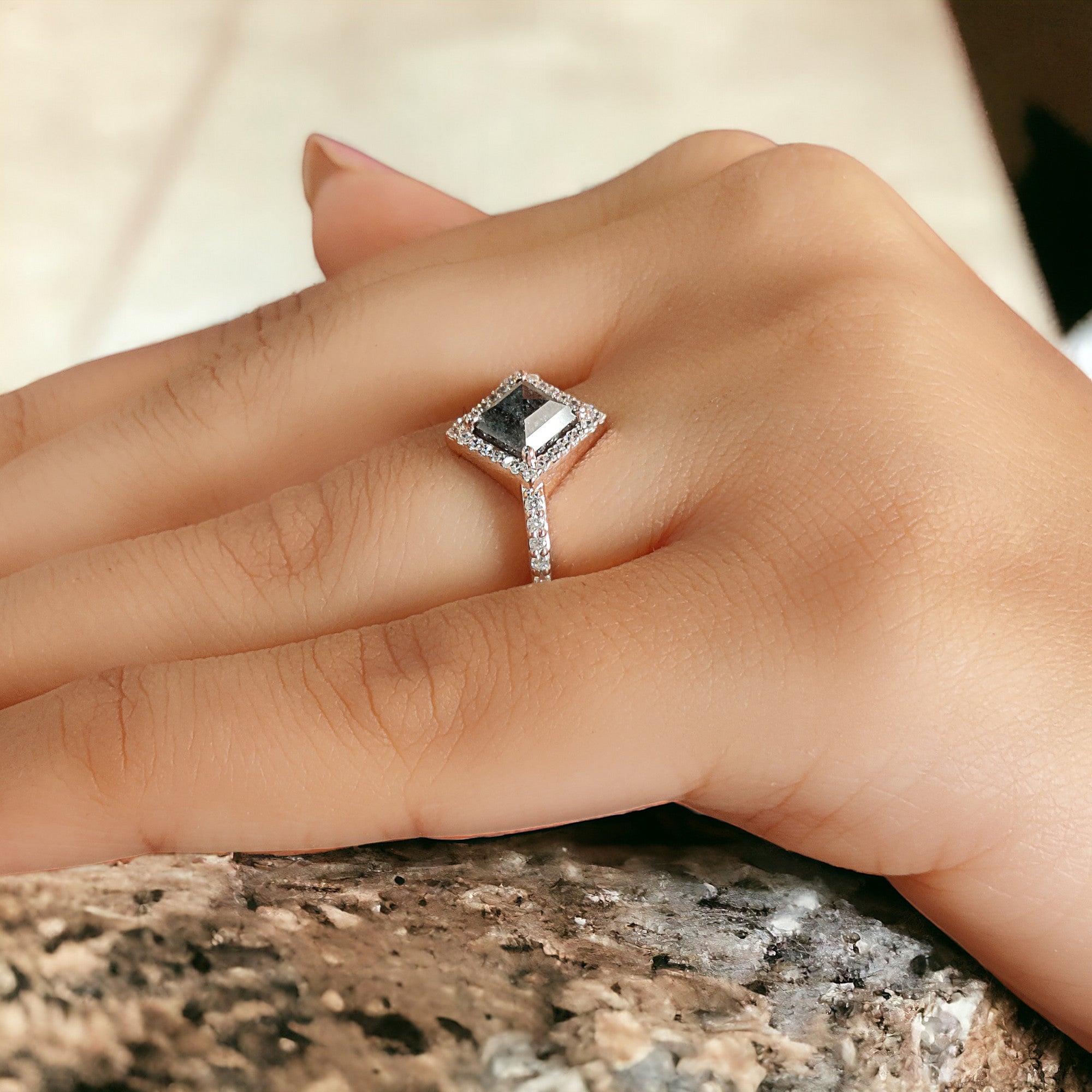 1.16 Ct Natural Kite Shape Salt And Pepper Diamond Ring 7.90 MM Kite Cut Diamond Ring 14K Solid Rose Gold Silver Engagement Ring QN1266