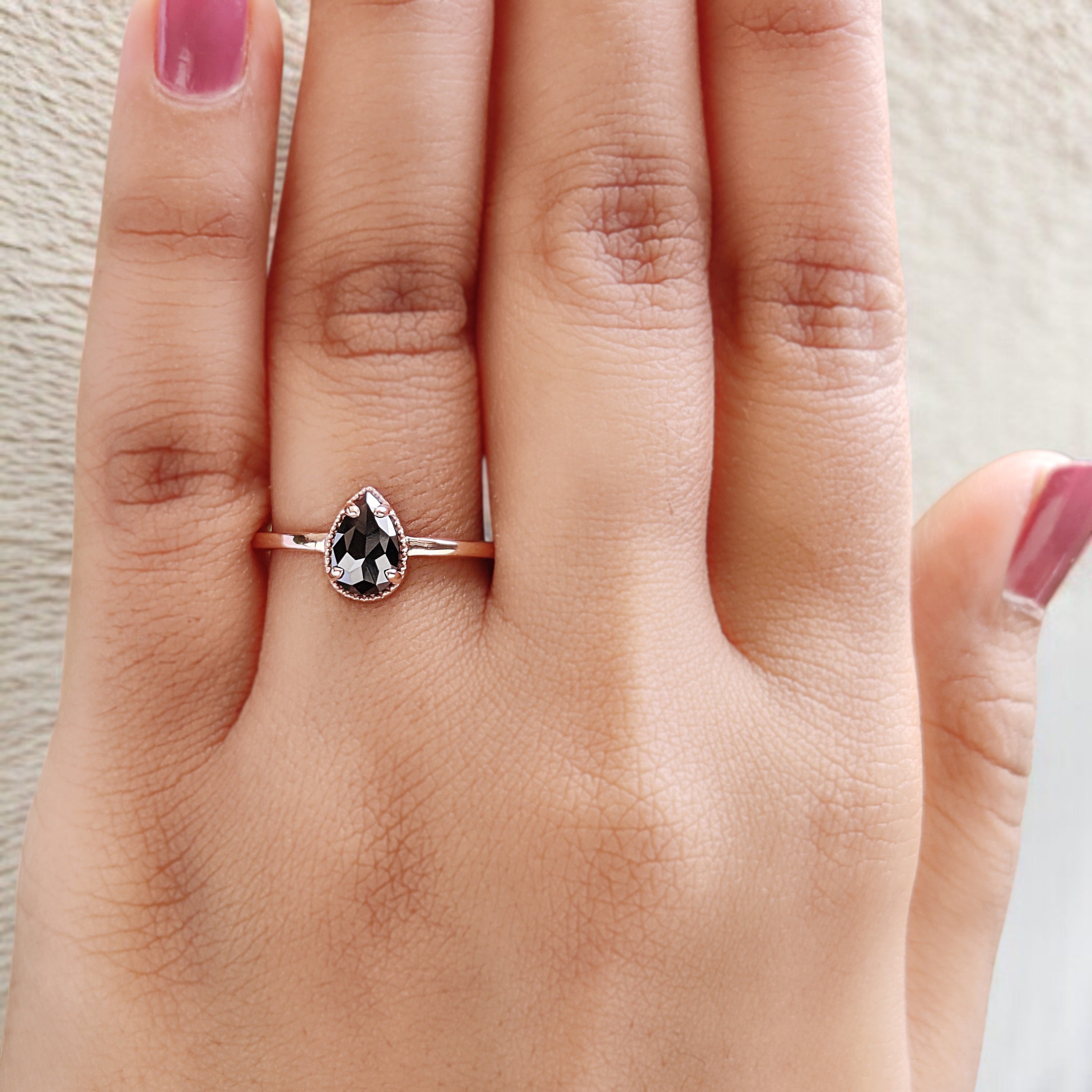 Pear Cut Black Color Diamond Ring 0.61 Ct 7.37 MM Pear Shape Diamond Ring 14K Solid Rose Gold Silver Pear Engagement Ring Gift For Her QN2270