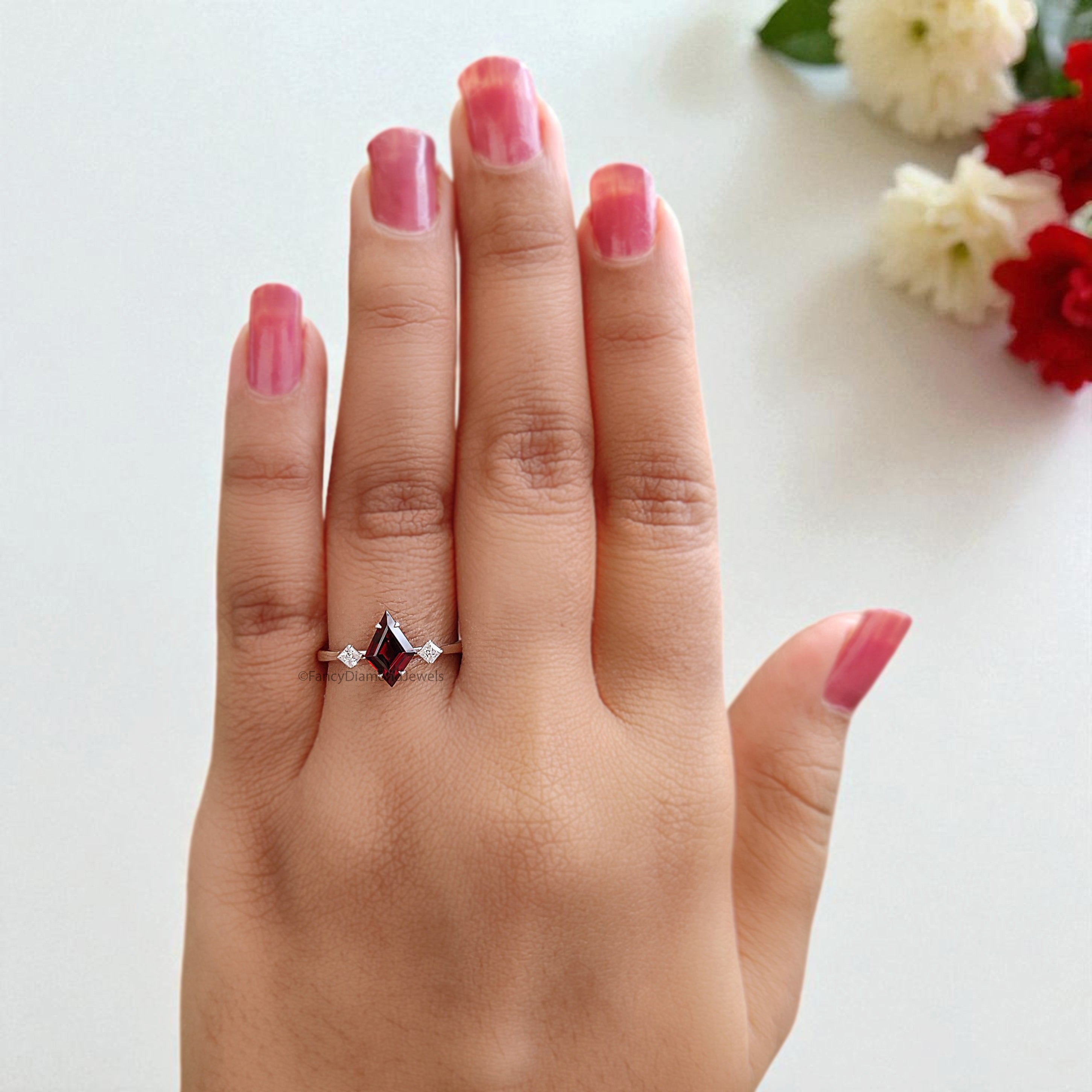 1.15 CT Natural Kite Red Garnet Engagement Ring White Gold Ring Kite Cut Diamond Wedding Ring Unique Art Deco Vintage Ring Gift For Her FD432