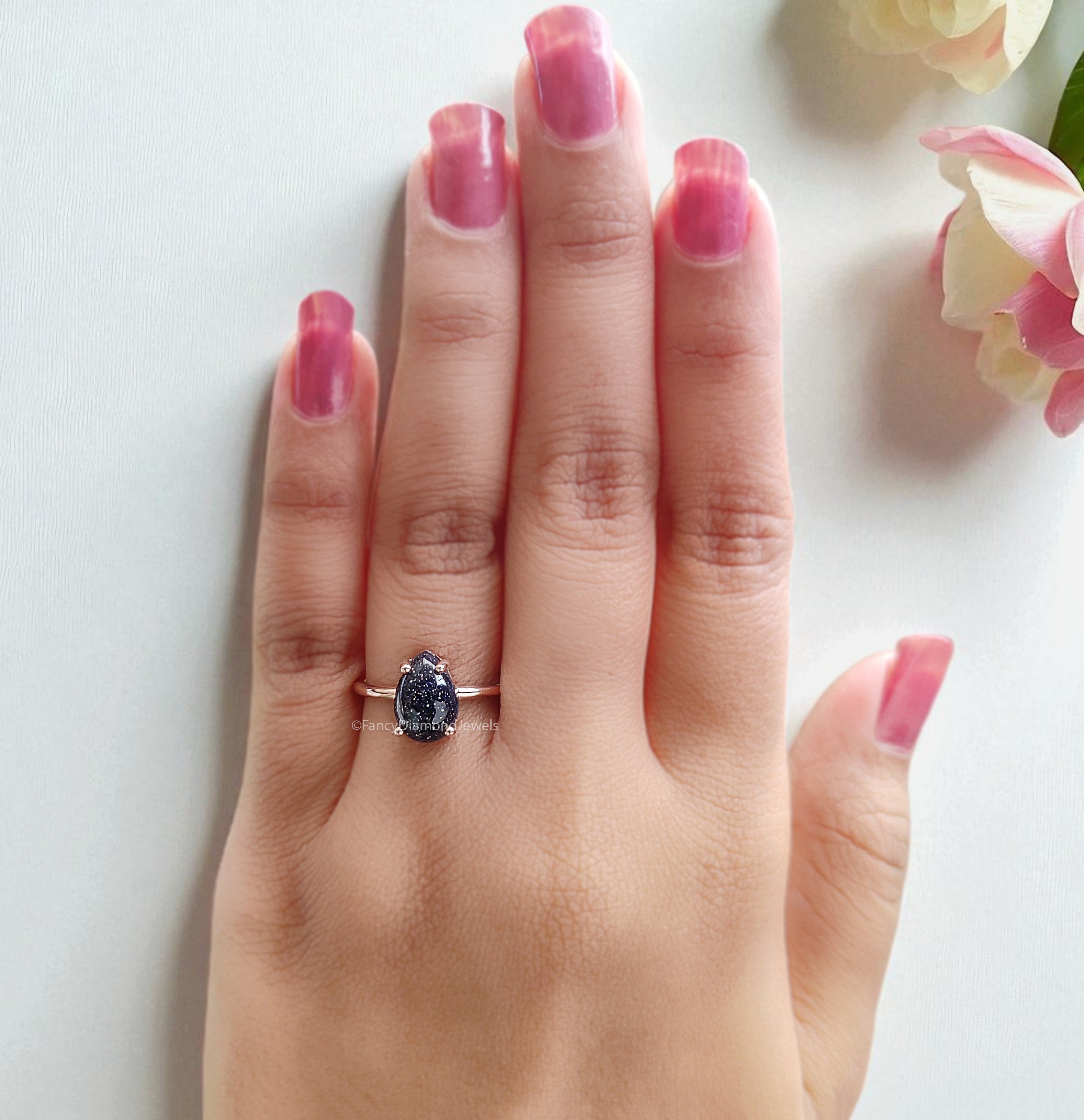 2.00 CT Unique Pear Cut Blue Sand Stone Cabochon Engagement Ring Rose Gold Ring Beautiful Blue Pear Sun Star Wedding Ring FD437